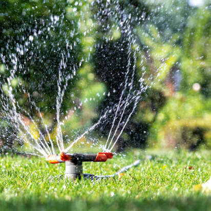 Sprinkler sprüht Wasser auf grünes Gras im Sonnenschein, umgeben von verschwommenen Blättern.