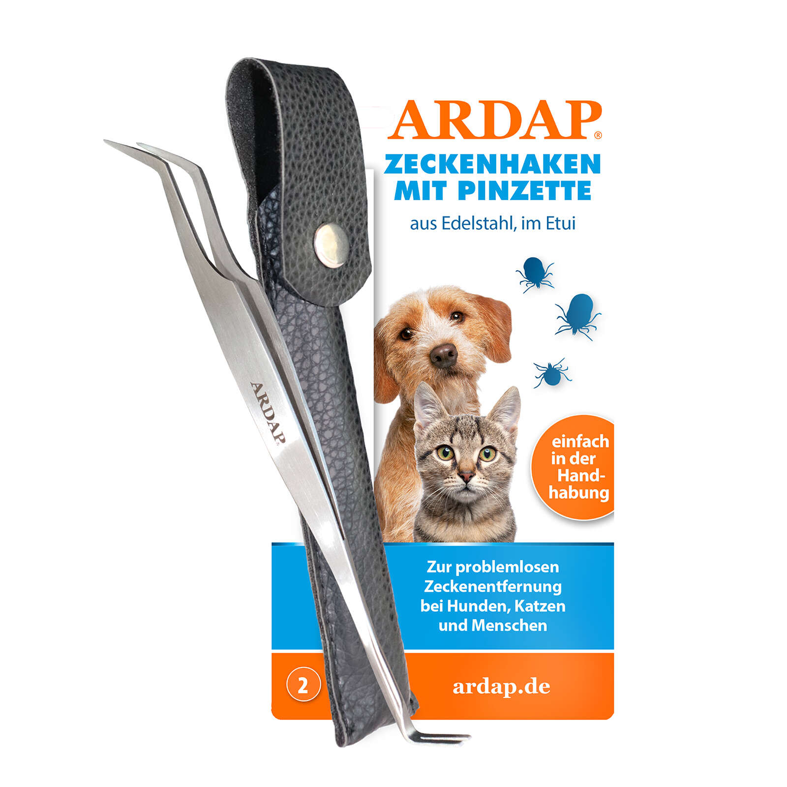 ARDAP Zeckenzange mit Pinzette aus Edelstahl