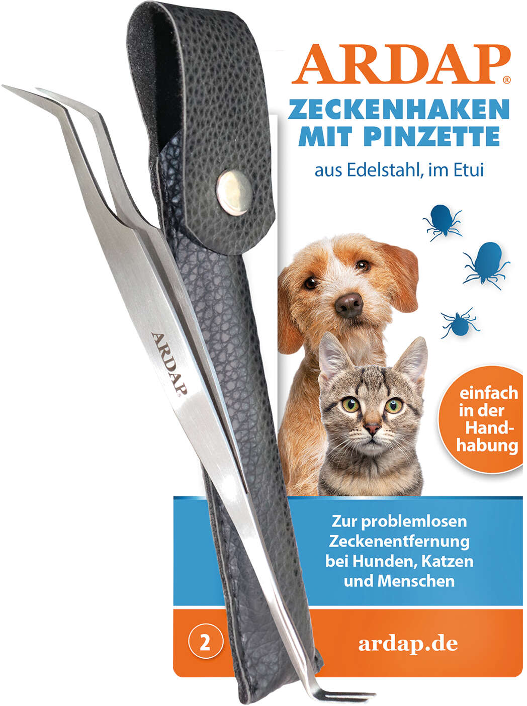 ARDAP Zeckenzange mit Pinzette aus Edelstahl