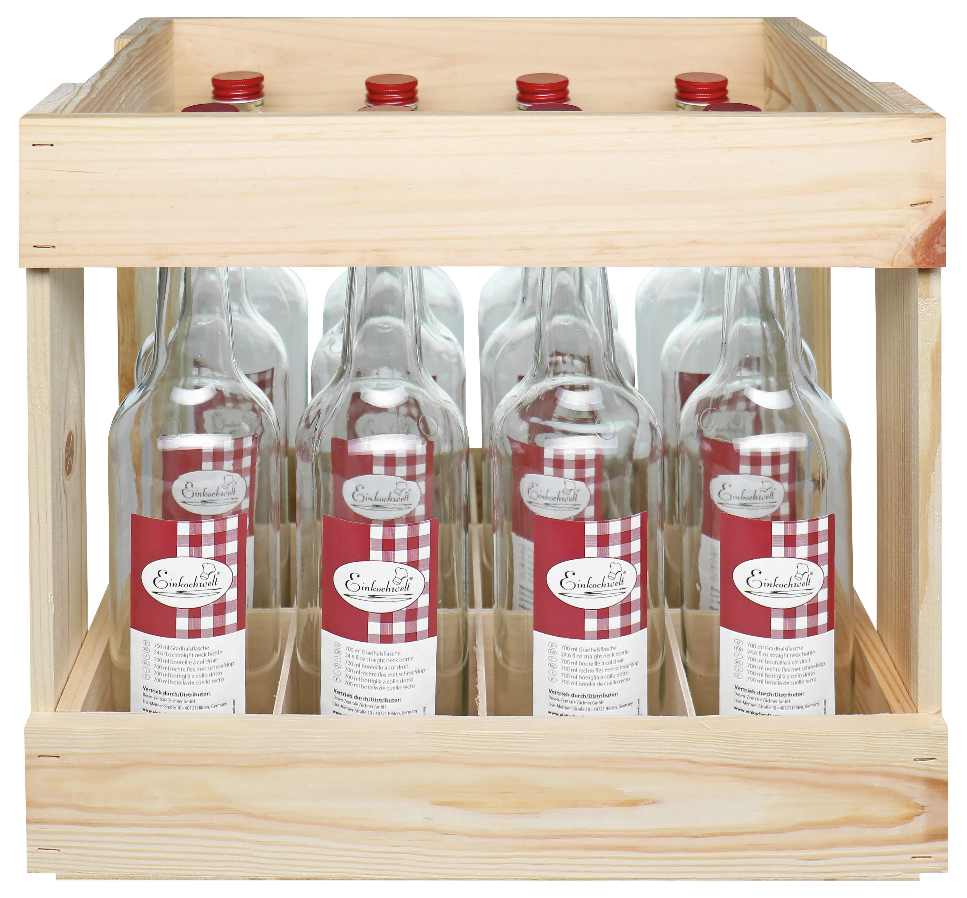 Einkochwelt Holzkiste mit 12 Gradhalsflaschen 700 ml