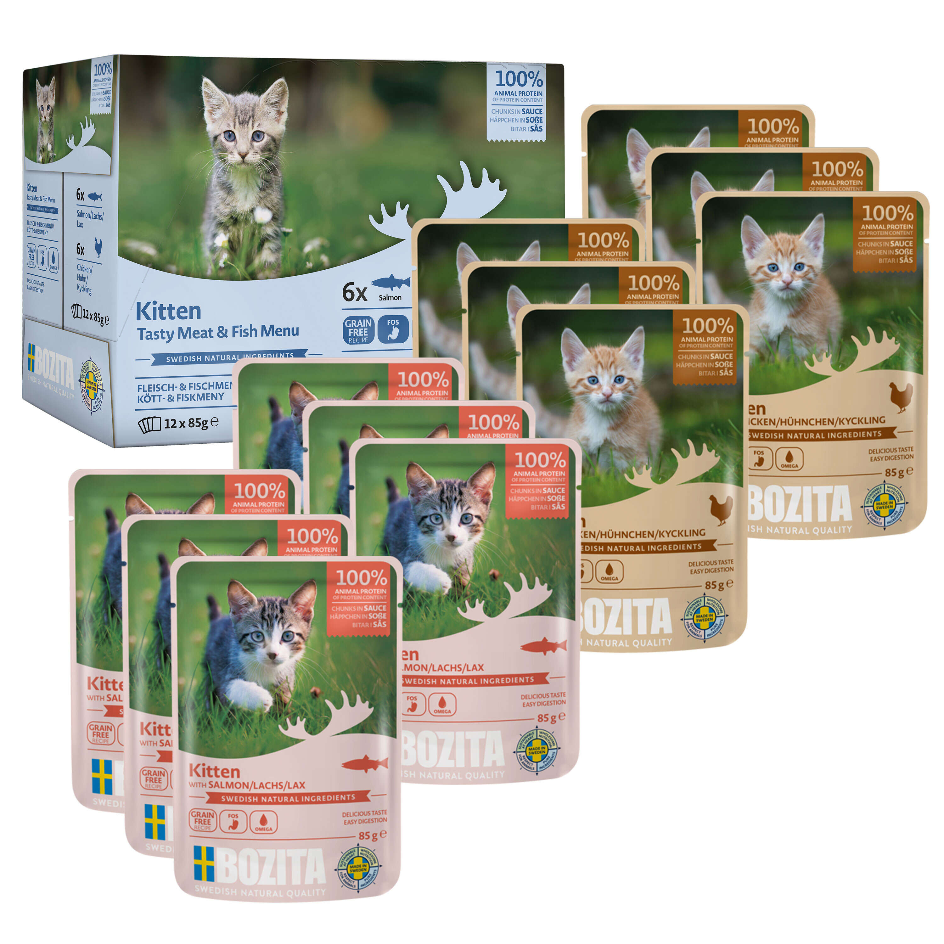 BOZITA Katzen-Nassfutter Kitten Fisch+Fleisch Häppchen in Sauce