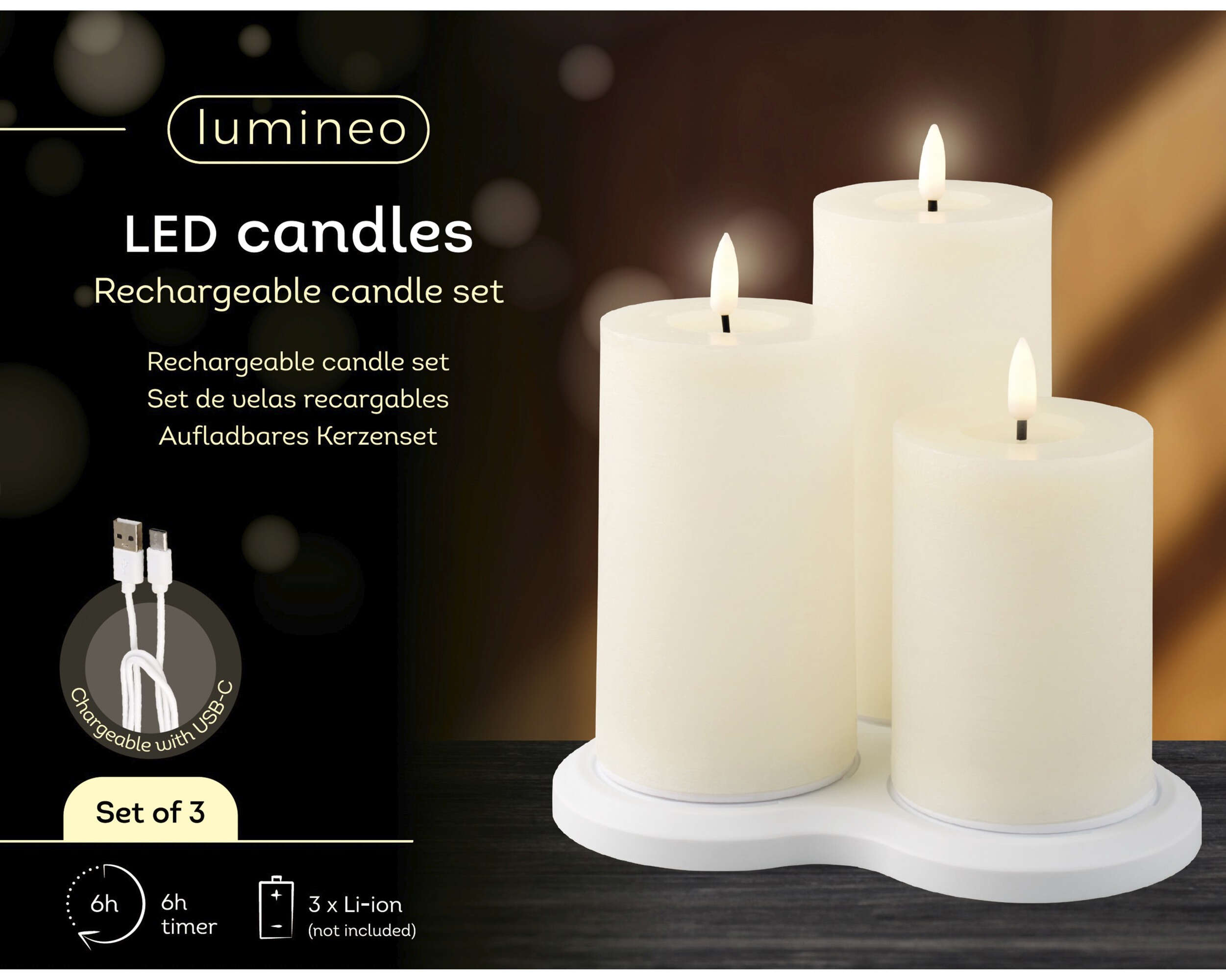 LUMINEO 3er-Set LED-Echtwachskerzen