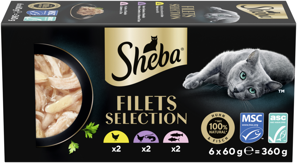 Sheba Katzen-Nassfutter Filets Multipack Huhn, Garnelen, Meeresfisch, Lachs und Thunfisch in Sauce
