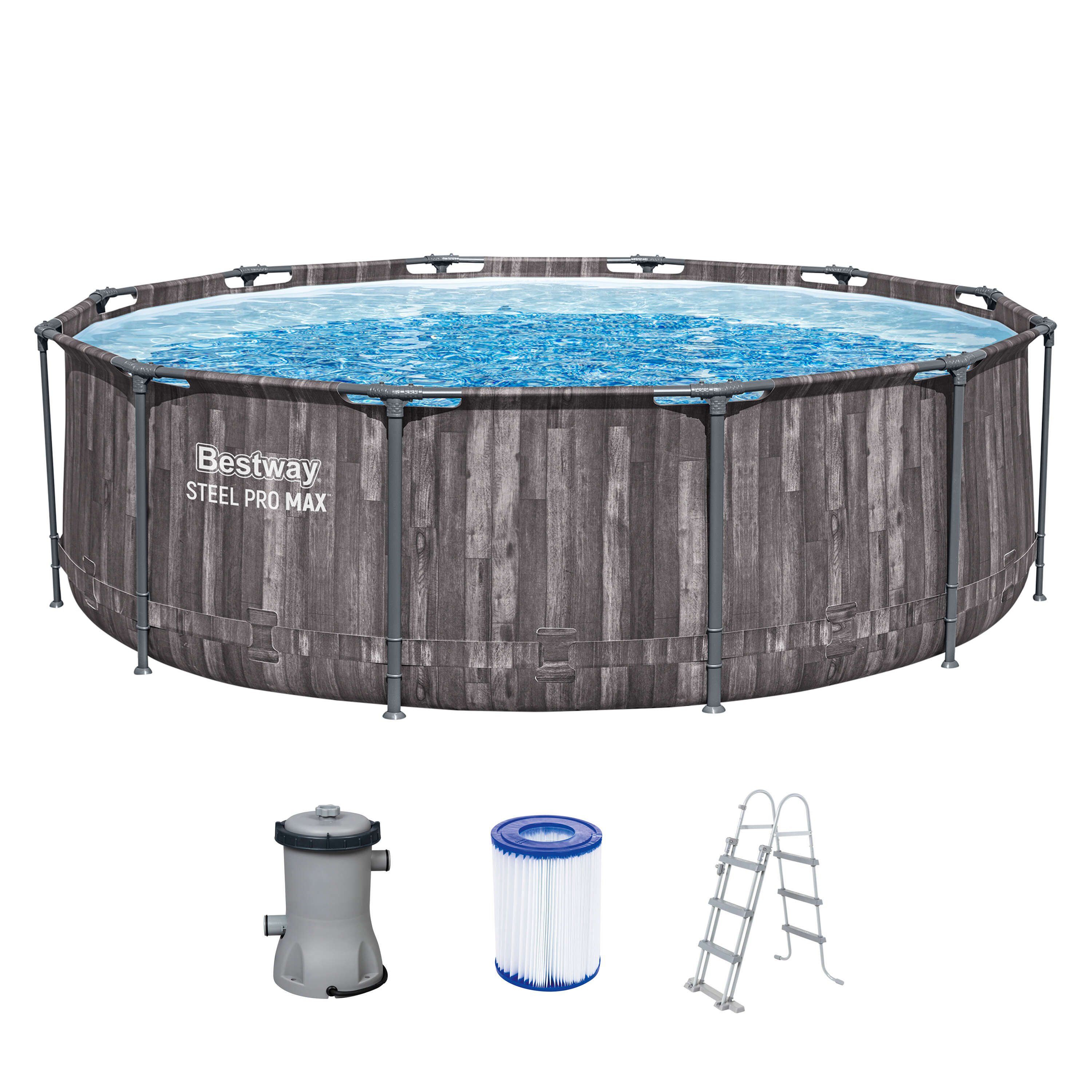 Bestway Steel Pro MAX™ Frame Pool-Set mit Filterpumpe Holz-Optik rund 366 x 100 cm