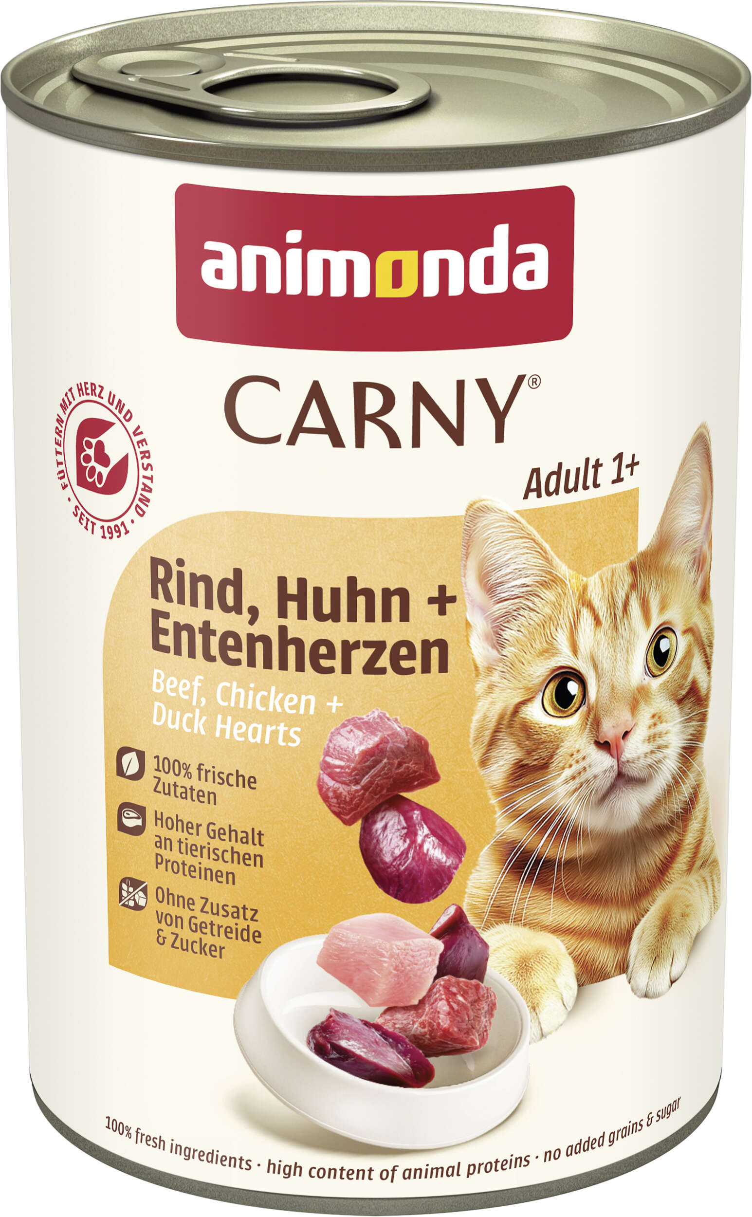 animonda Katzen-Nassfutter Carny Adult Rind, Huhn + Entenherzen