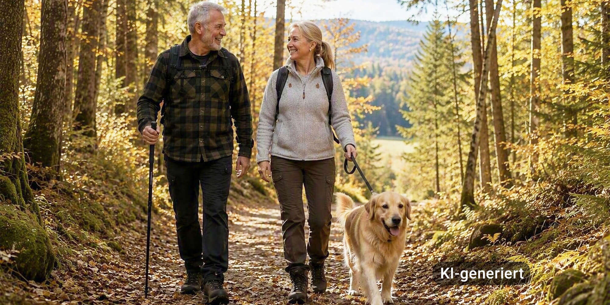 mann frau outdoorkleidung trekkingkleidung wald spazieren mit hund 1000x500 ki kachel