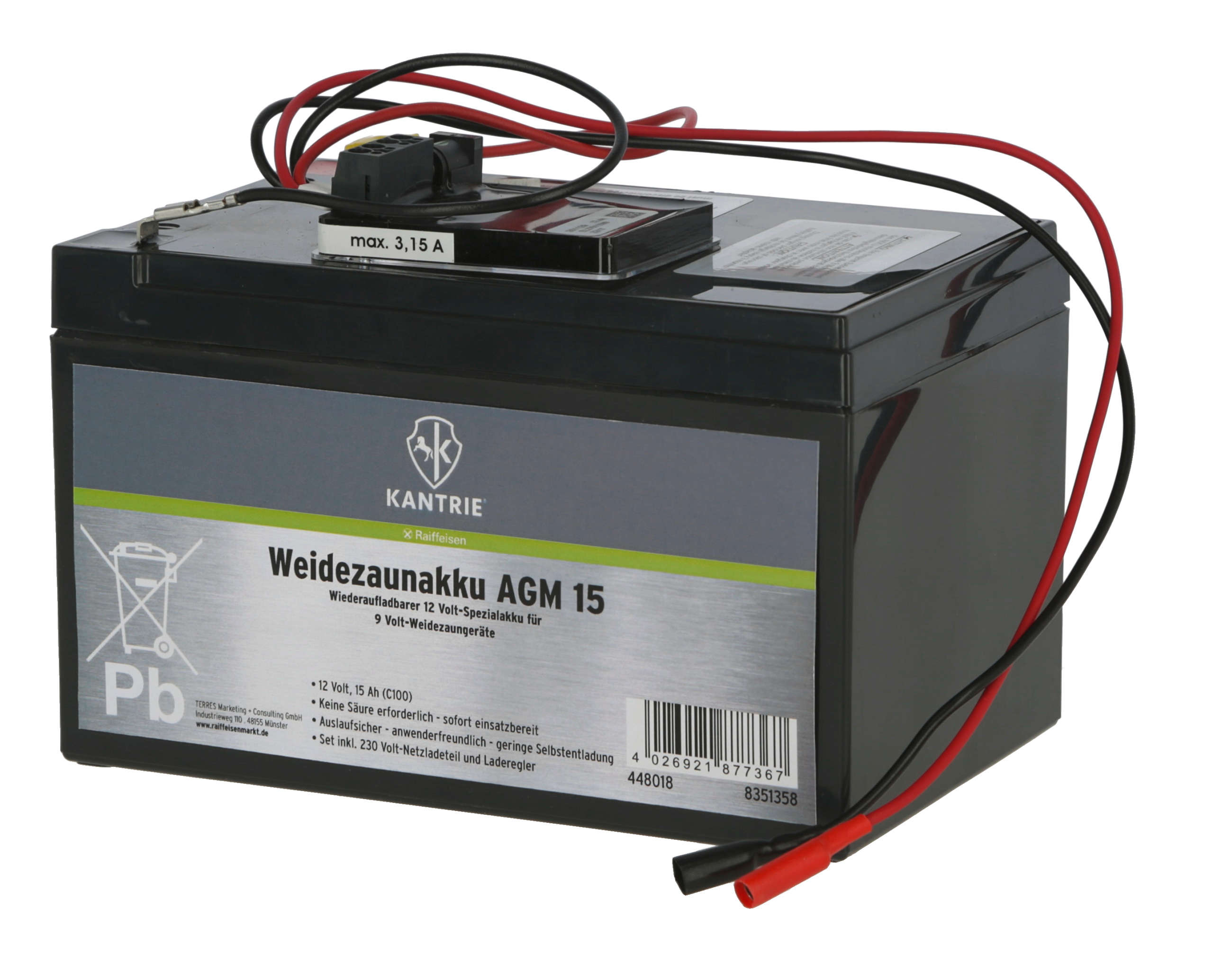 KANTRIE Weidezaunakku Premium AGM 15 Ah Komplettset