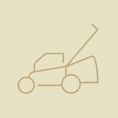 Minimales Icon eines Rasenmähers auf hellem Hintergrund.