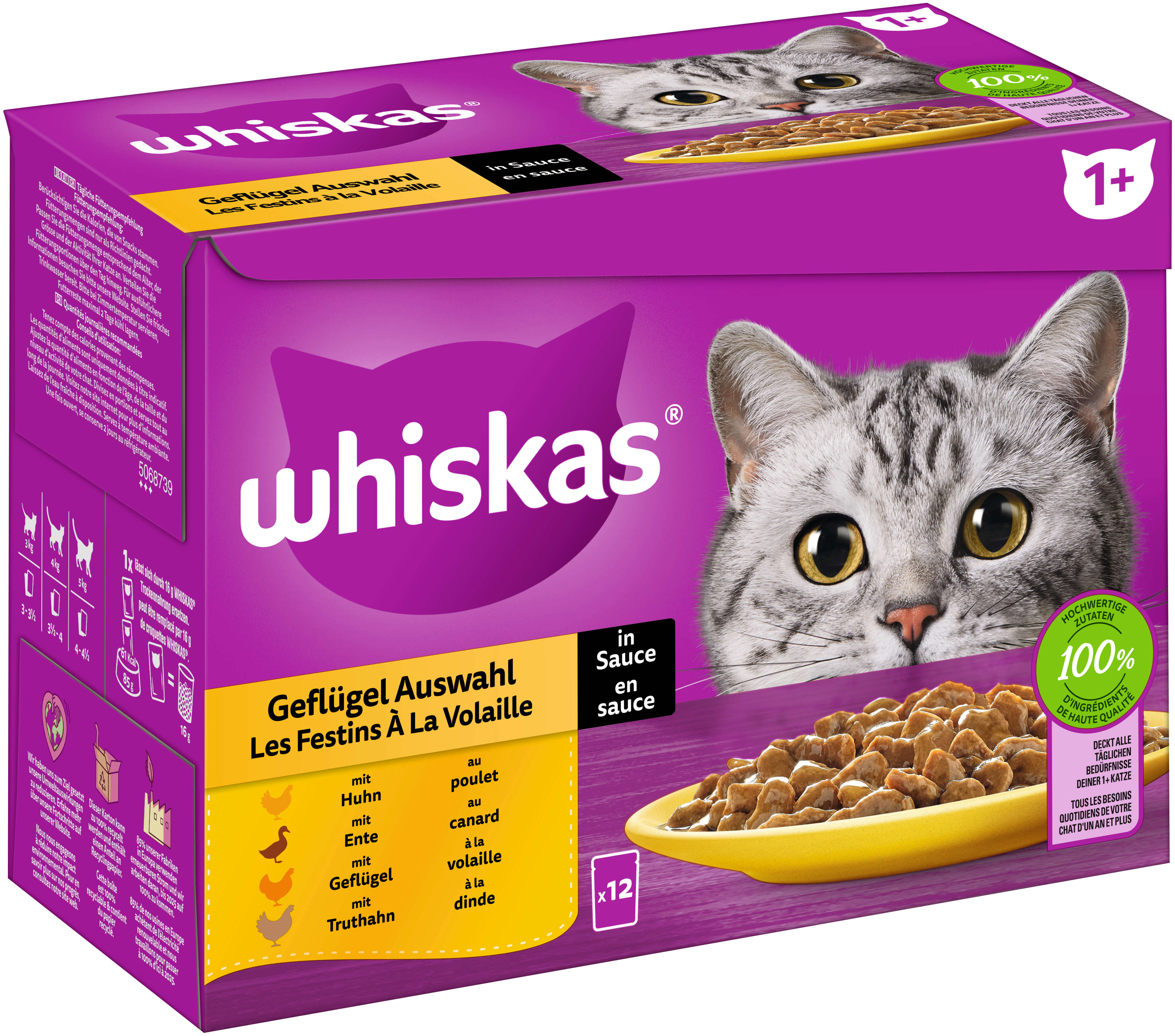 whiskas Katzen-Nassfutter PB Multipack 1+ Geflügel in Sauce 12 x 85g