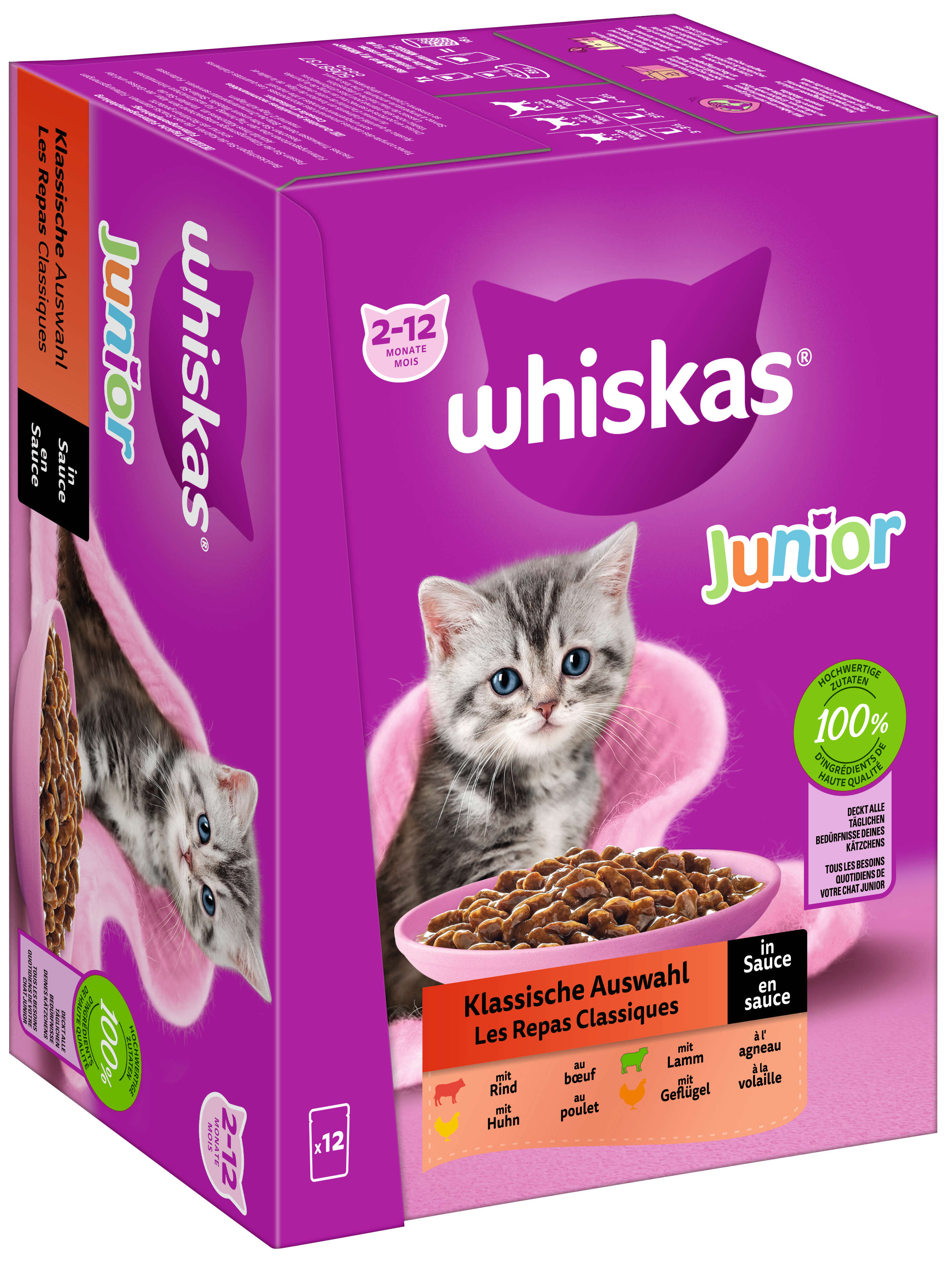 whiskas Katzen-Nassfutter Portionsbeutel Multipack Junior Klassische Auswahl in Sauce 12 x 85g