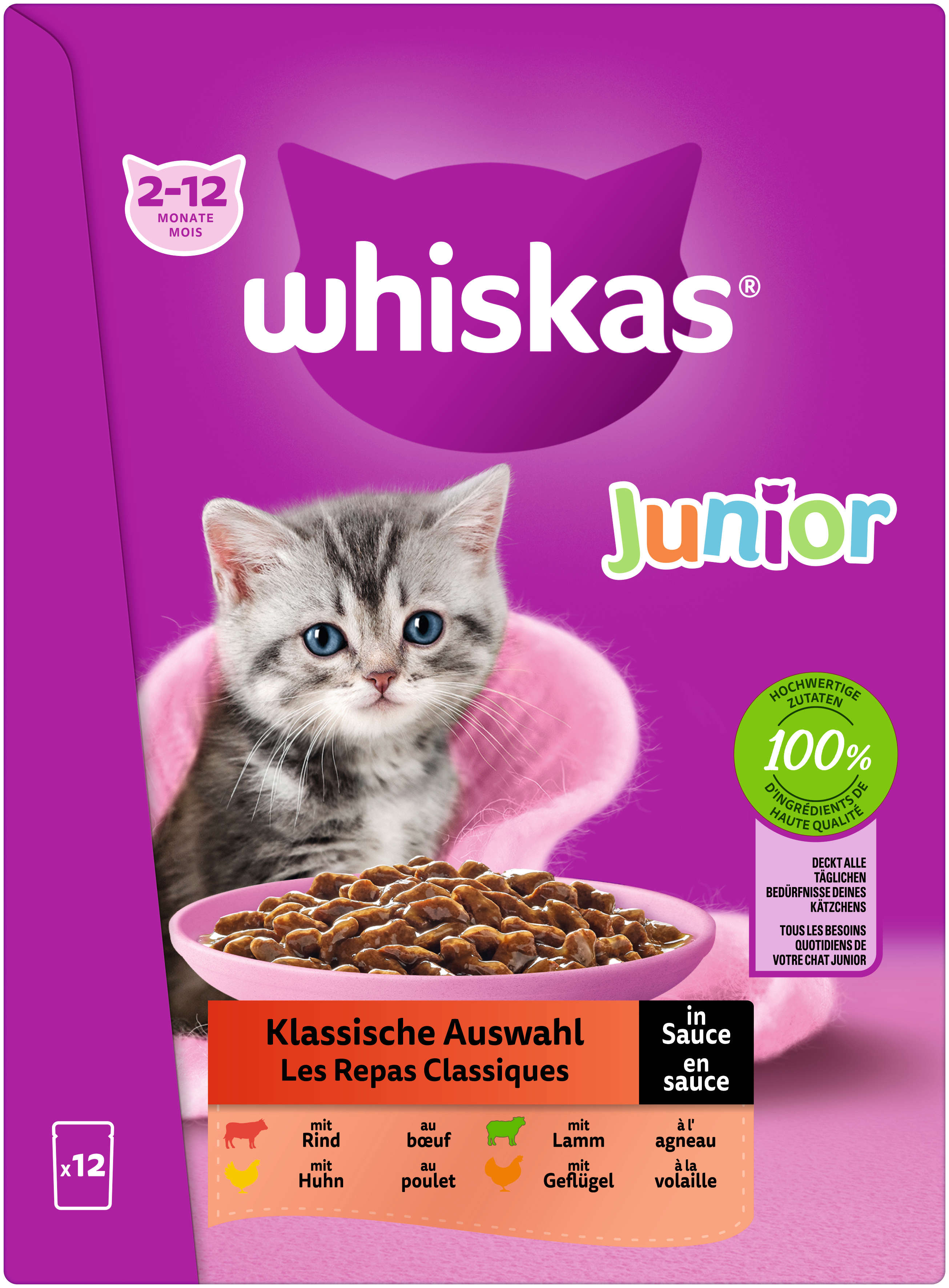 whiskas Katzen-Nassfutter Portionsbeutel Multipack Junior Klassische Auswahl in Sauce 12 x 85g