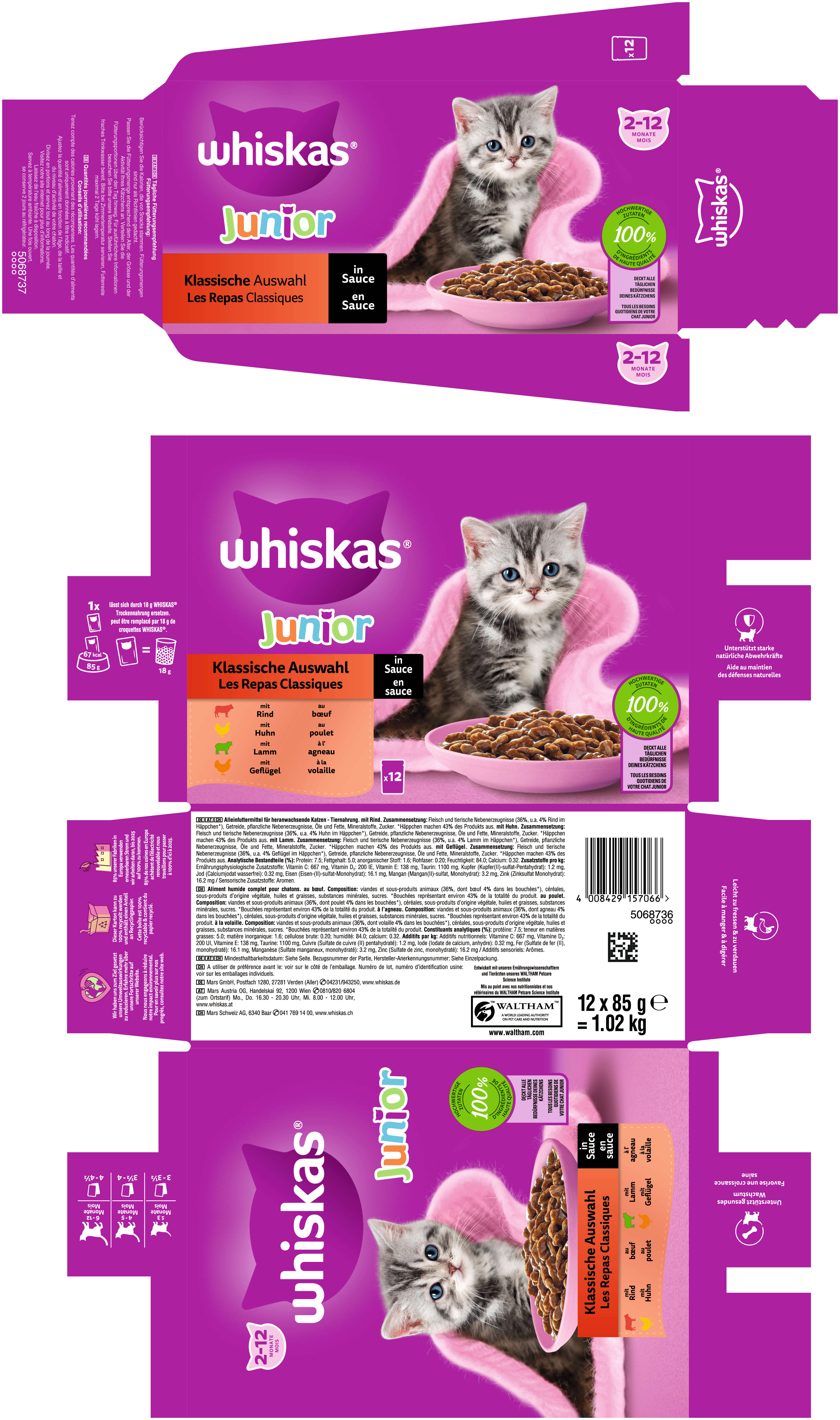 whiskas Katzen-Nassfutter Portionsbeutel Multipack Junior Klassische Auswahl in Sauce 12 x 85g