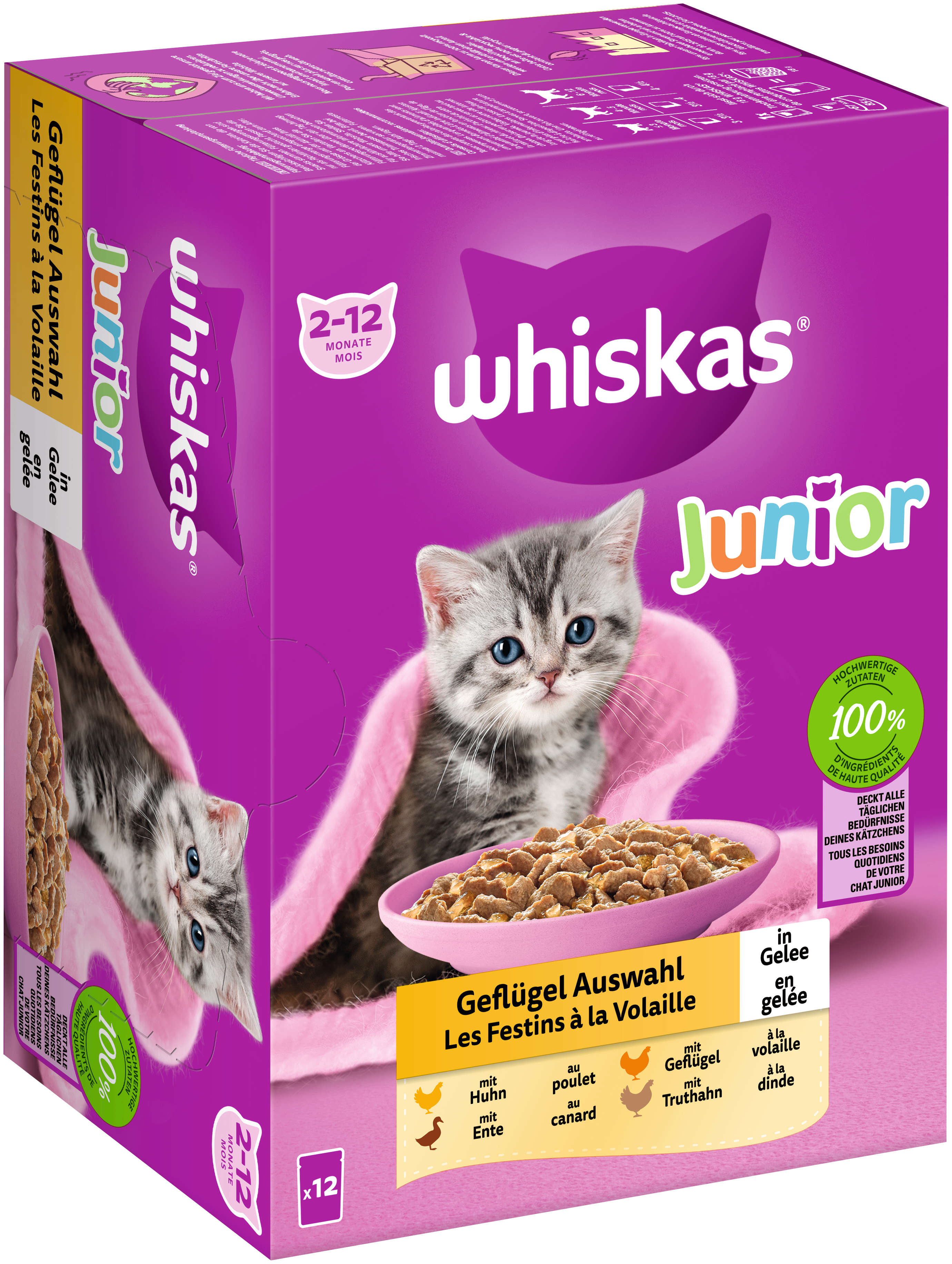 whiskas Katzen-Nassfutter Portionsbeutel Multipack Junior Geflügel Auswahl in Gelee 12 x 85g
