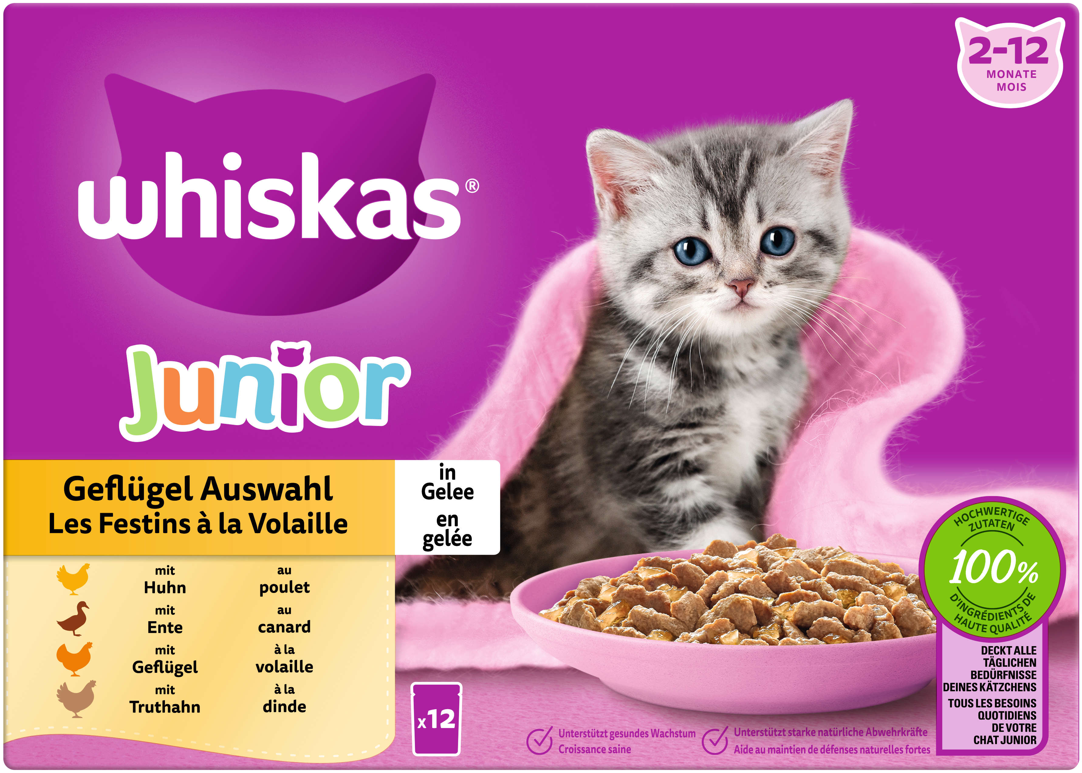 whiskas Katzen-Nassfutter Portionsbeutel Multipack Junior Geflügel Auswahl in Gelee 12 x 85g