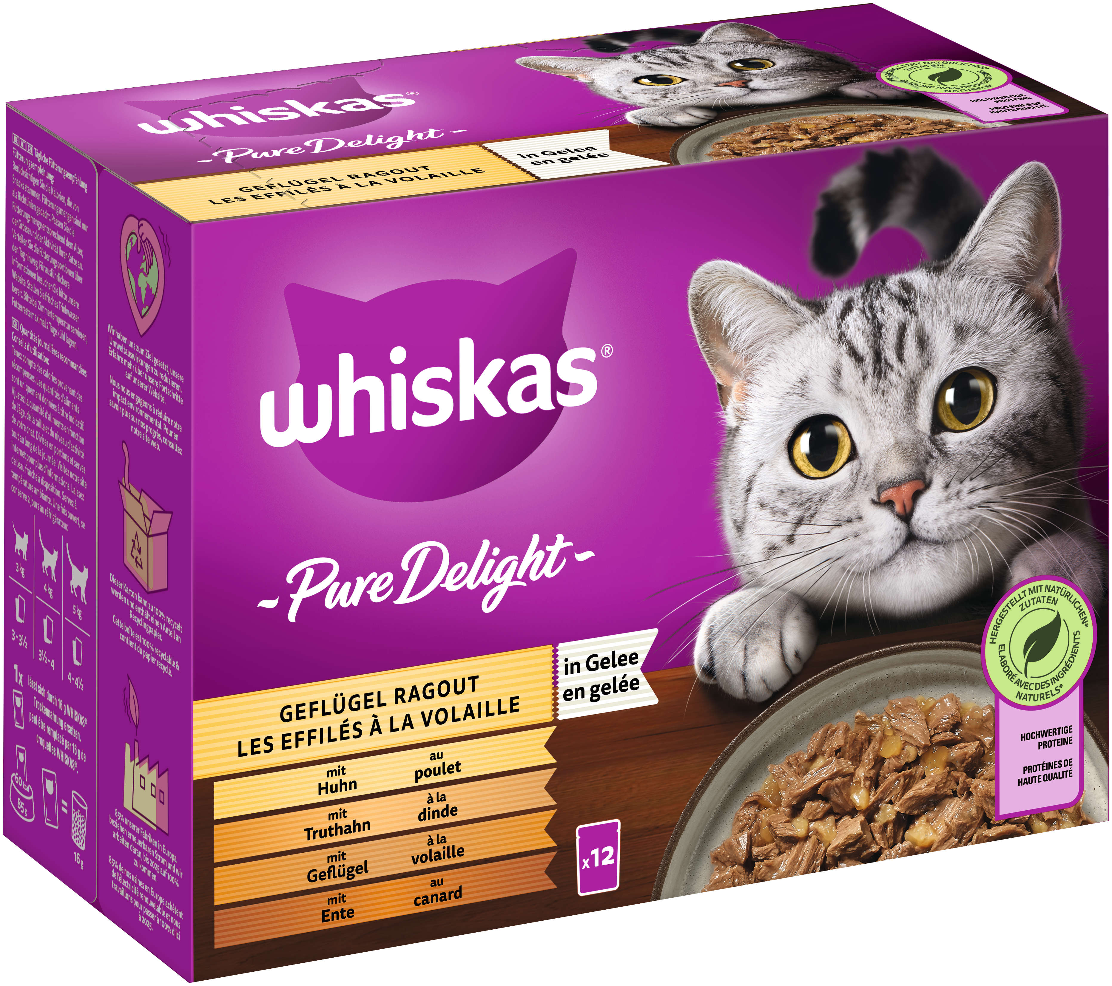 whiskas Katzen-Nassfutter PURE DELIGHT Portionsbeutel Multipack Geflügel Ragout in Gelee 12 x 85g
