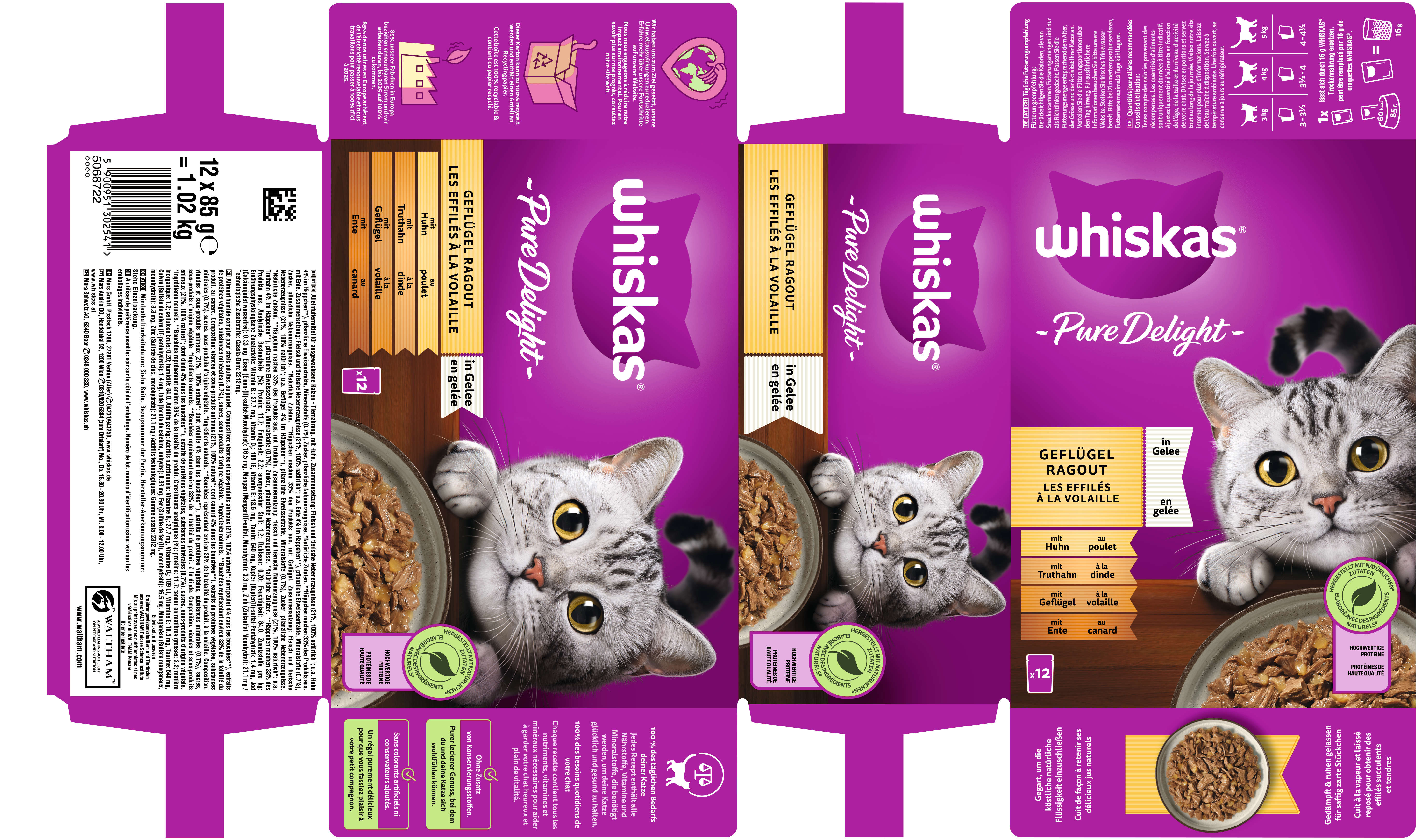 whiskas Katzen-Nassfutter PURE DELIGHT Portionsbeutel Multipack Geflügel Ragout in Gelee 12 x 85g