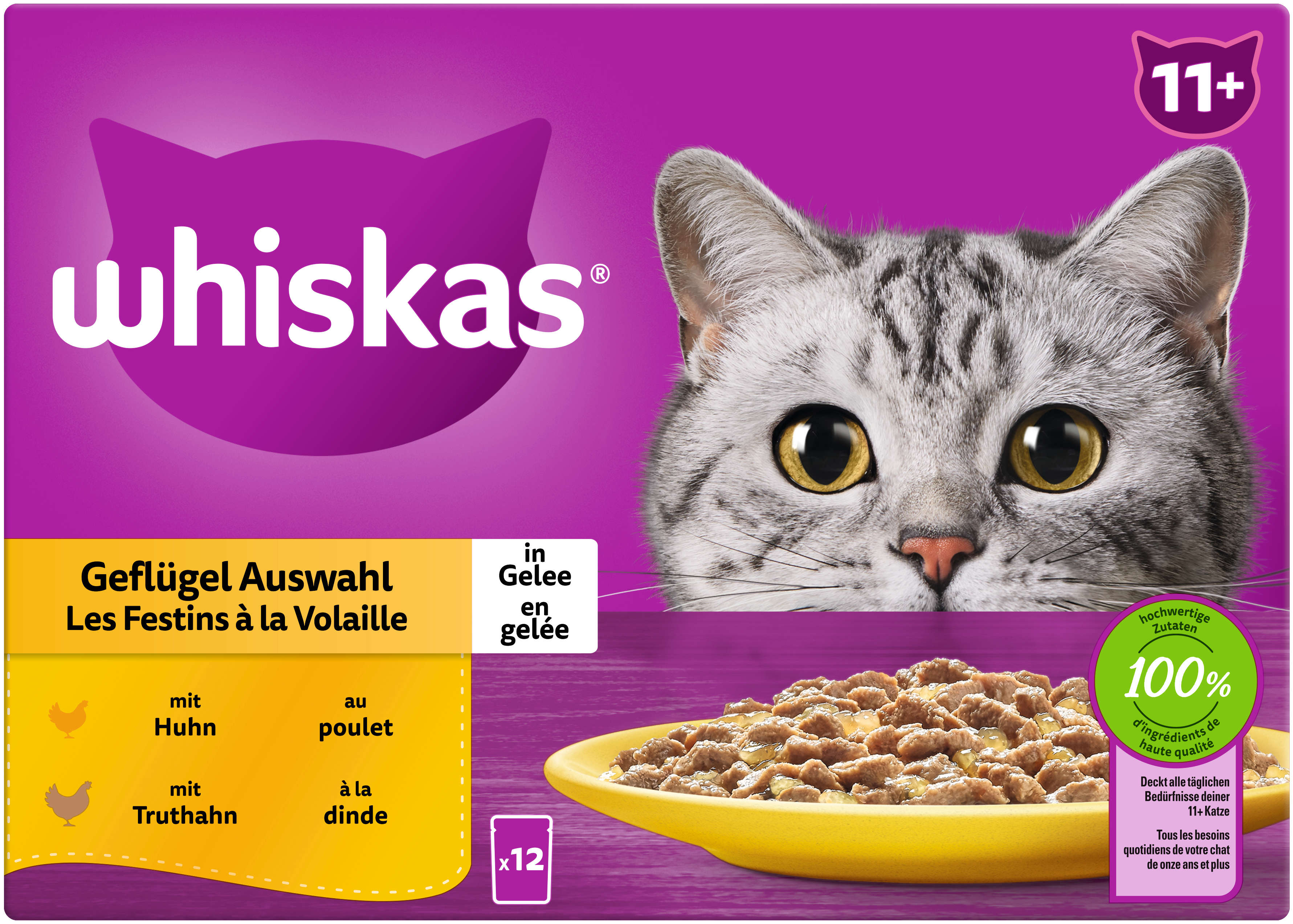 whiskas Katzen-Nassfutter Portionsbeutel Multipack 11+ Geflügel Auswahl in Gelee 12 x 85g