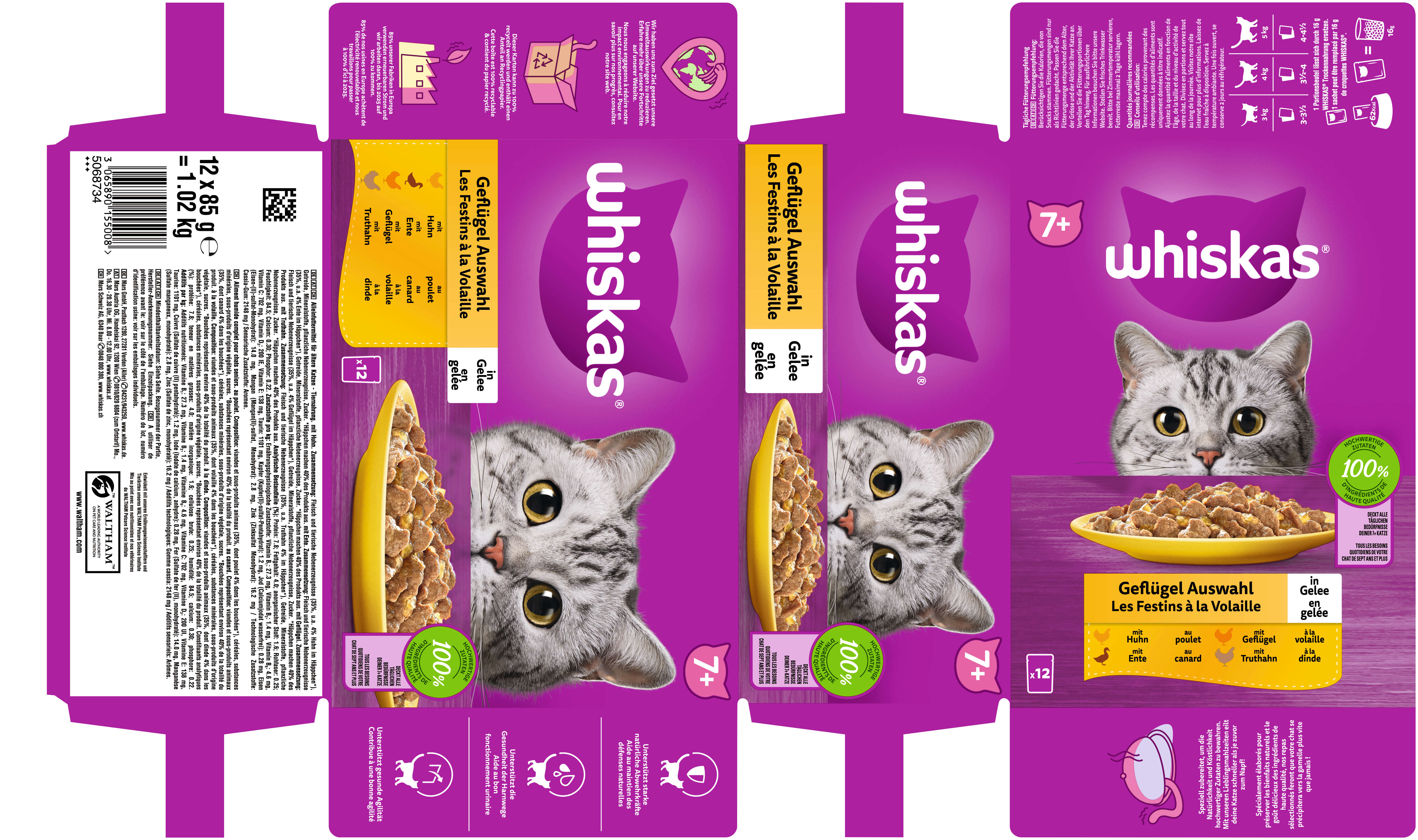 whiskas Katzen-Nassfutter Portionsbeutel Multipack 7+ Geflügel Auswahl in Gelee 12 x 85g