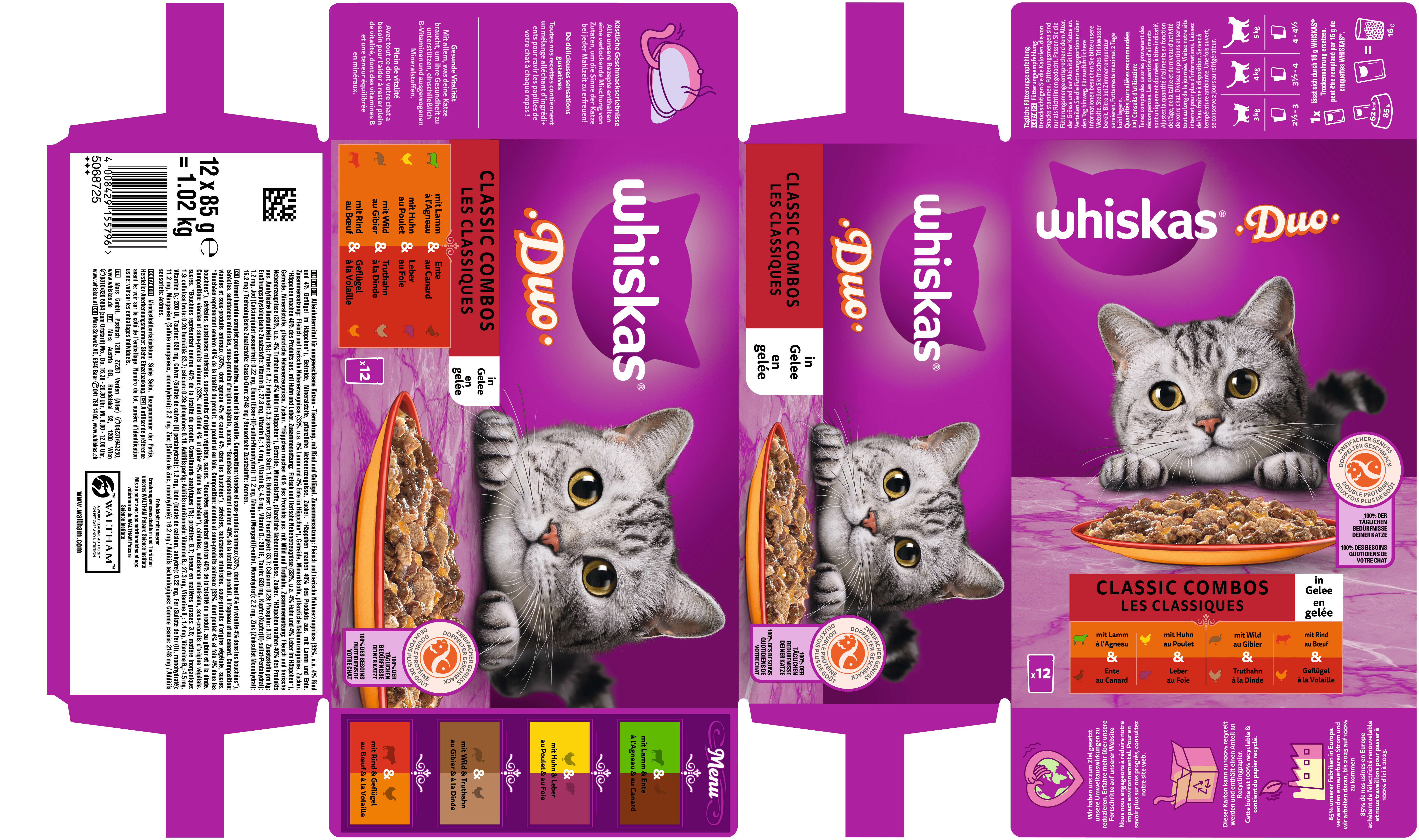 whiskas Katzen-Nassfutter DUO Portionsbeutel Multipack Classic Combos in Gelee 12 x 85g