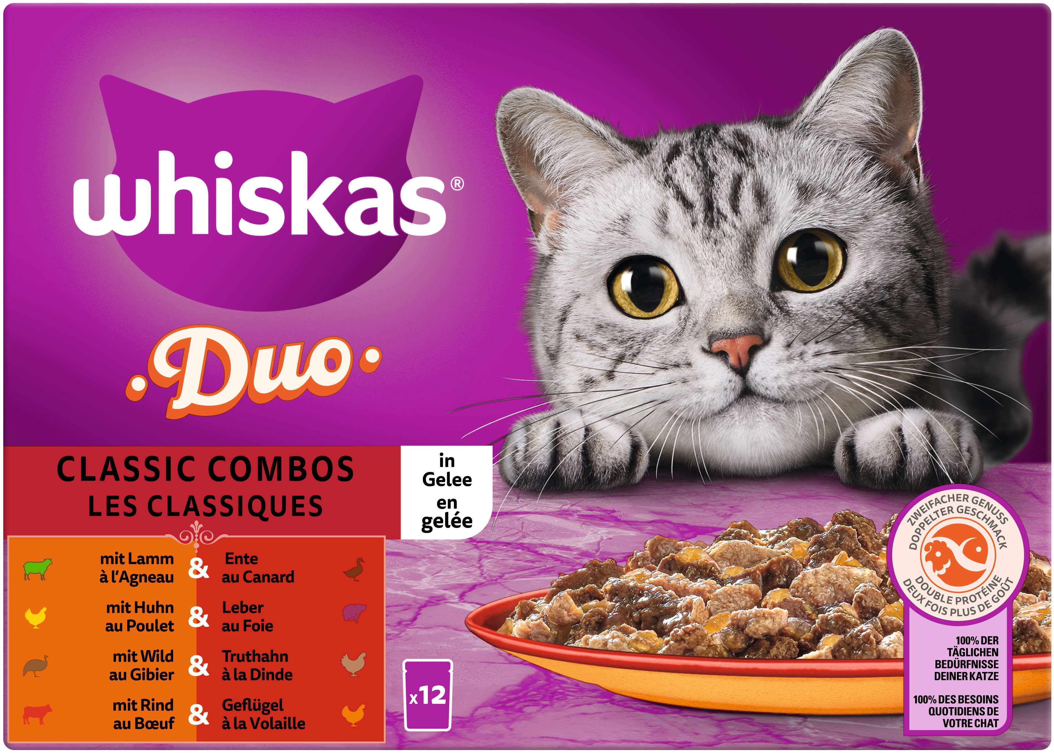 whiskas Katzen-Nassfutter DUO Portionsbeutel Multipack Classic Combos in Gelee 12 x 85g
