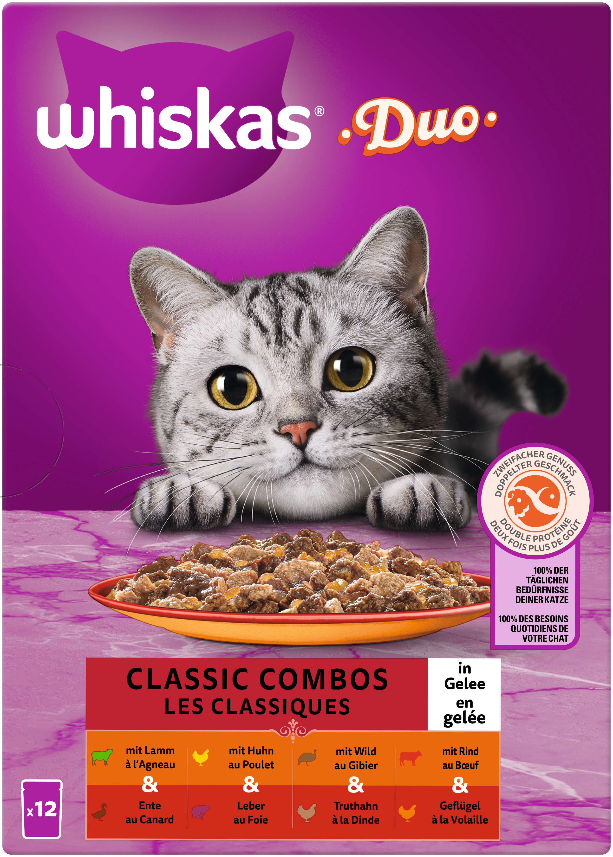 whiskas Katzen-Nassfutter DUO Portionsbeutel Multipack Classic Combos in Gelee 12 x 85g