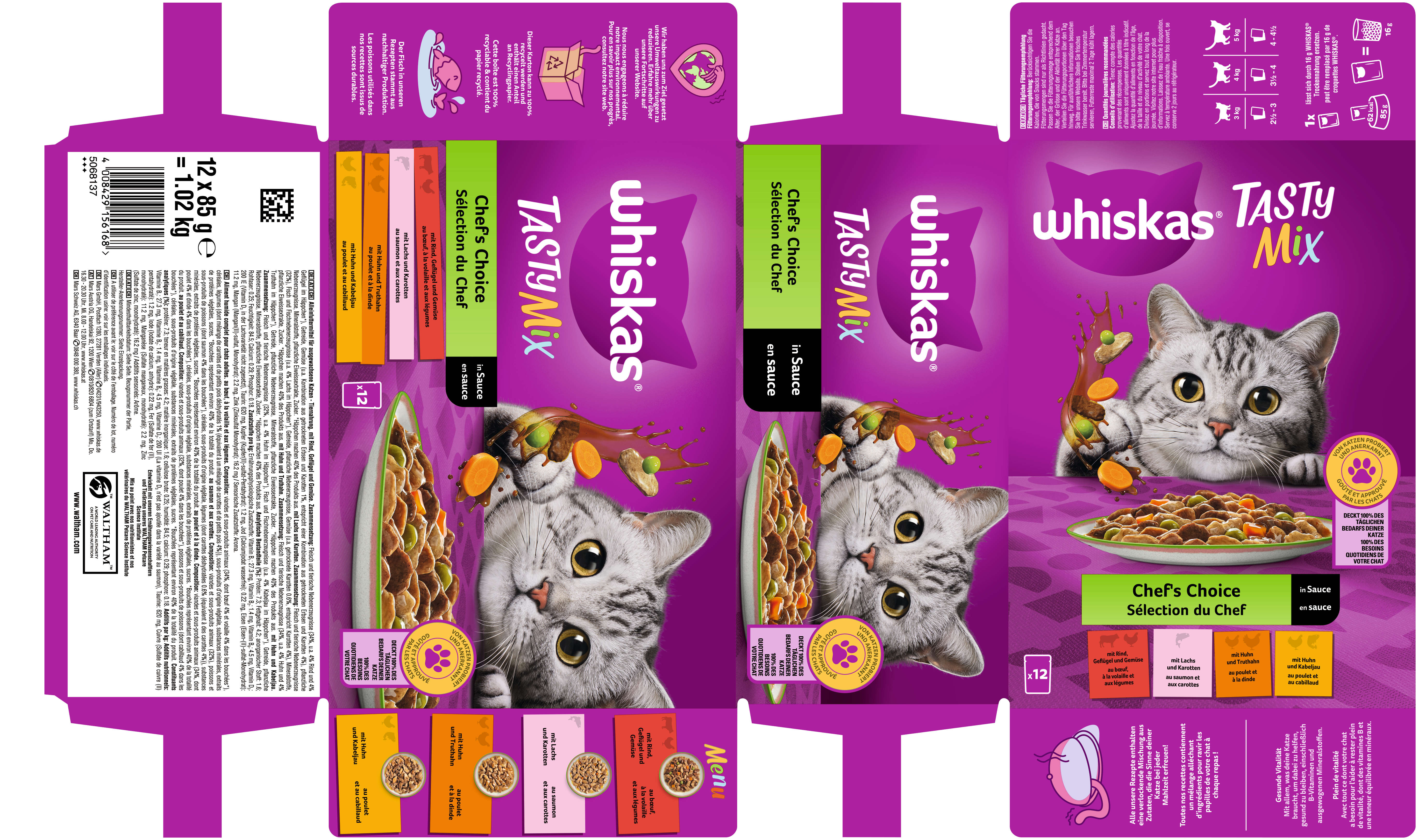whiskas Katzen-Nassfutter TASTY MIX Portionsbeutel Multipack Chef's Choice in Sauce 12 x 85g