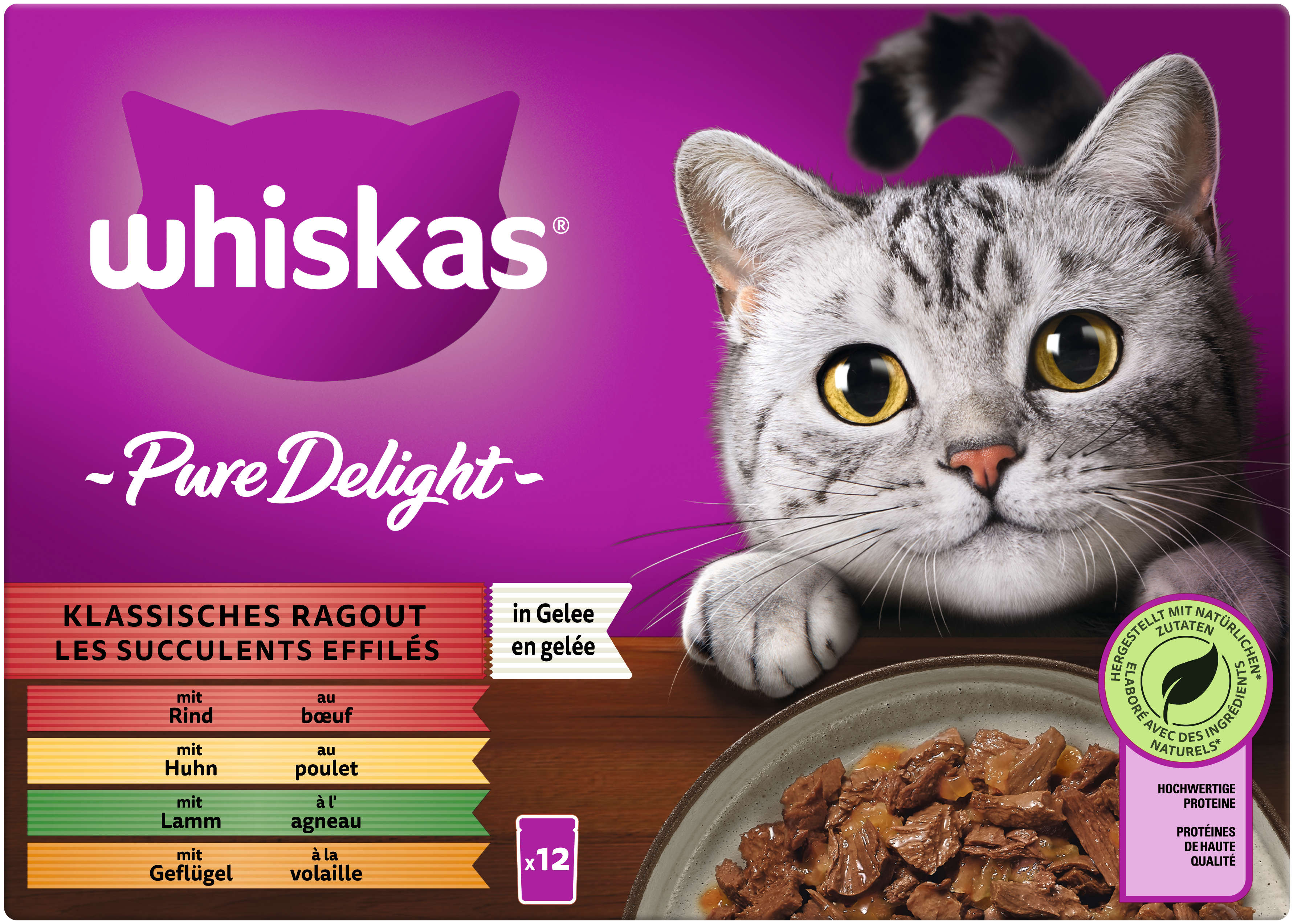 whiskas Katzen-Nassfutter PURE DELIGHT Portionsbeutel Multipack Klassisches Ragout in Gelee 12 x 85g