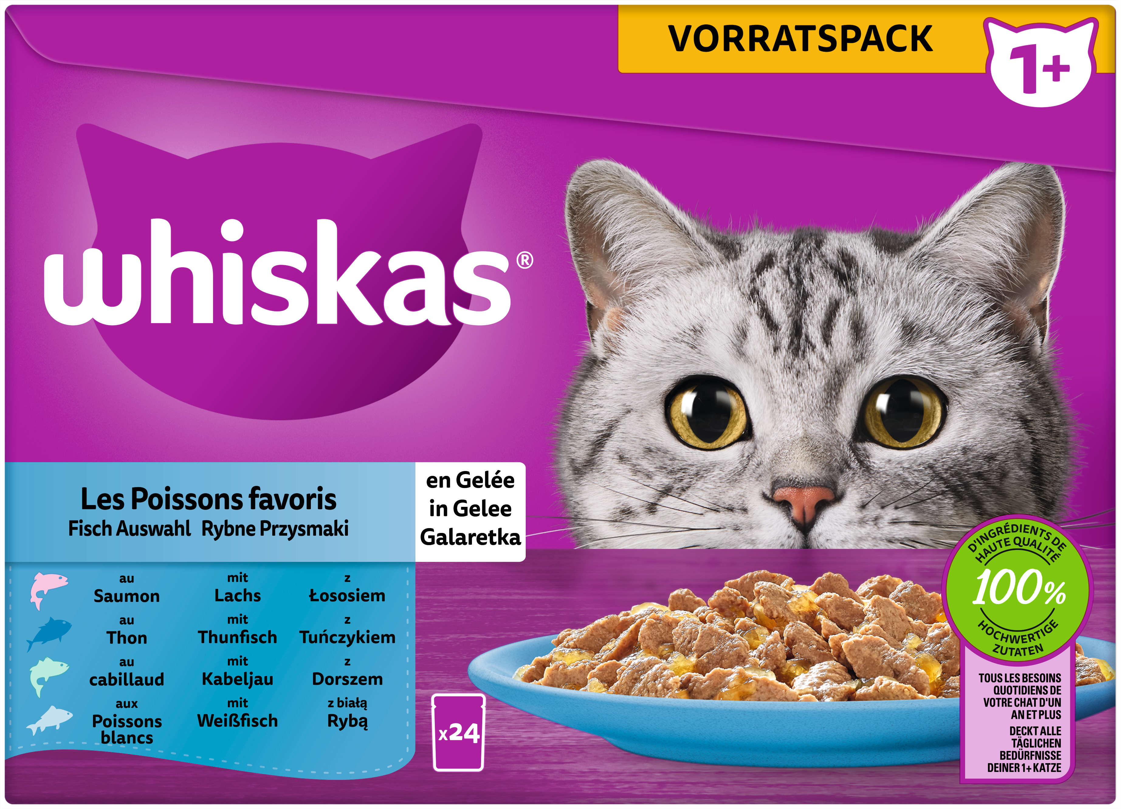 whiskas Portionsbeutel Katzen-Nassfutter Multipack Vorratspack 1+ Fisch Auswahl in Gelee 24 x 85g