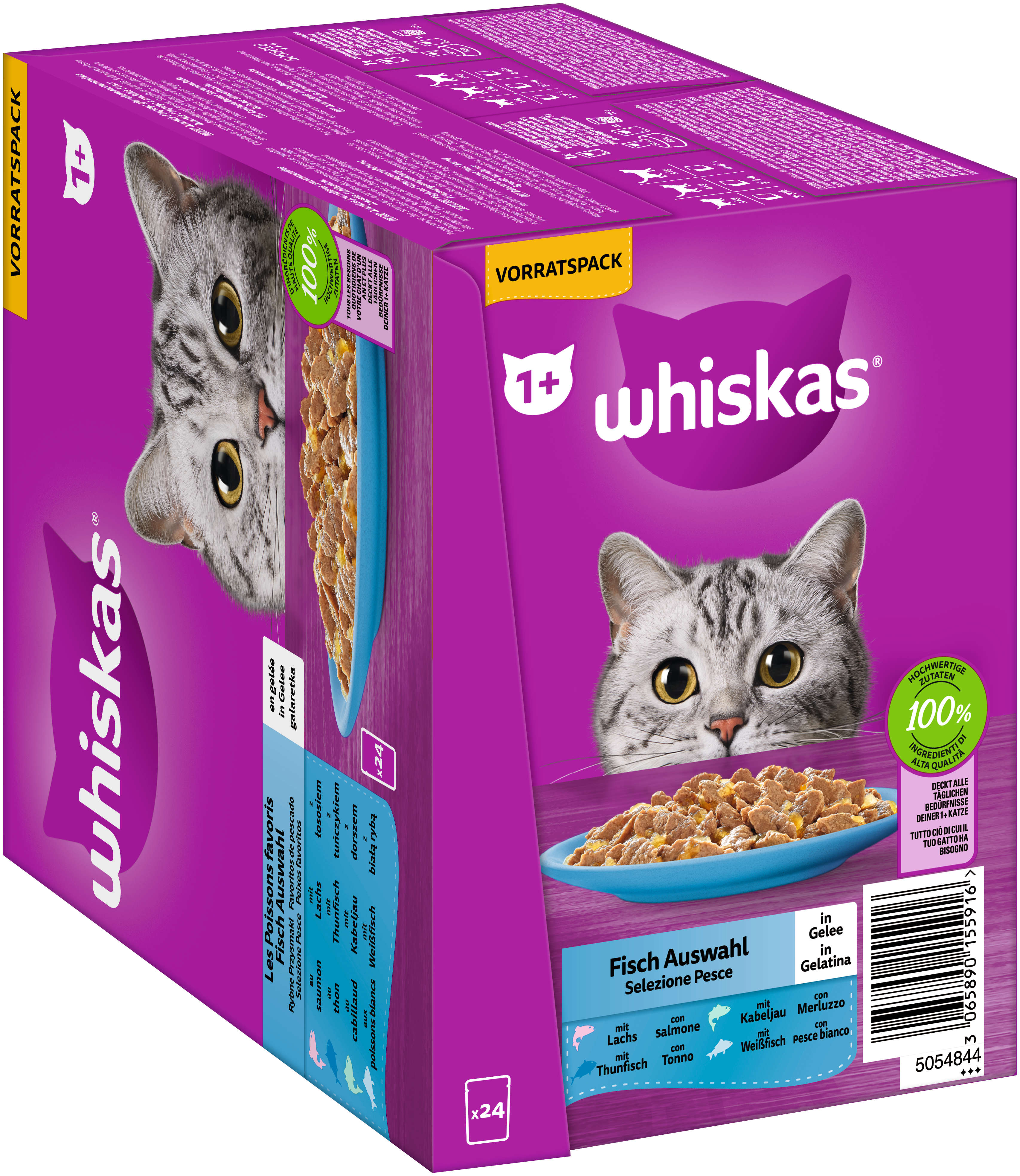 whiskas Portionsbeutel Katzen-Nassfutter Multipack Vorratspack 1+ Fisch Auswahl in Gelee 24 x 85g