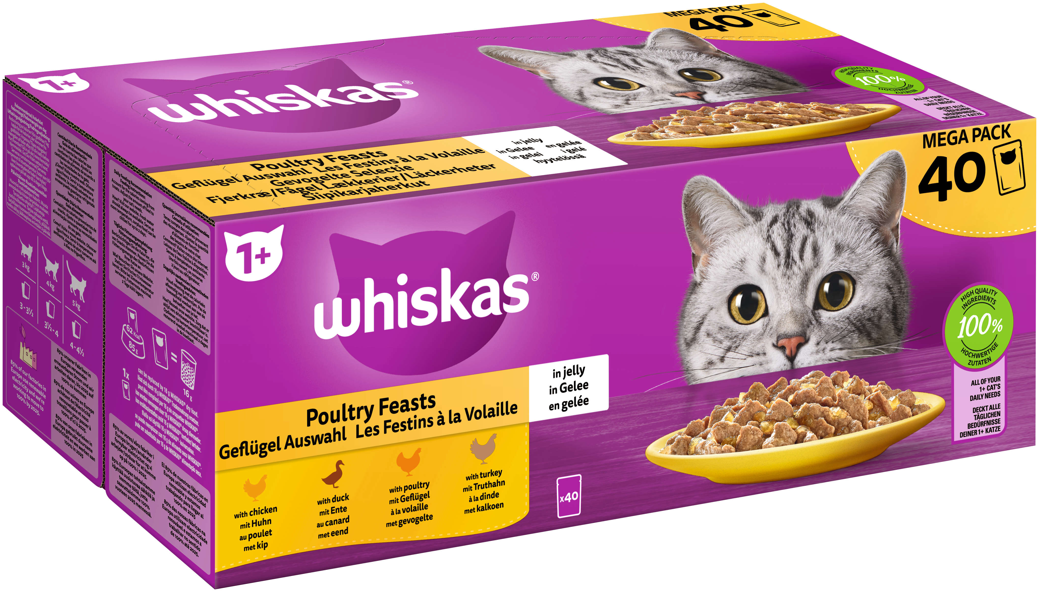 whiskas Katzen-Nassfutter Portionsbeutel Multipack 1+ Geflügel Auswahl in Gelee 40 x 85g
