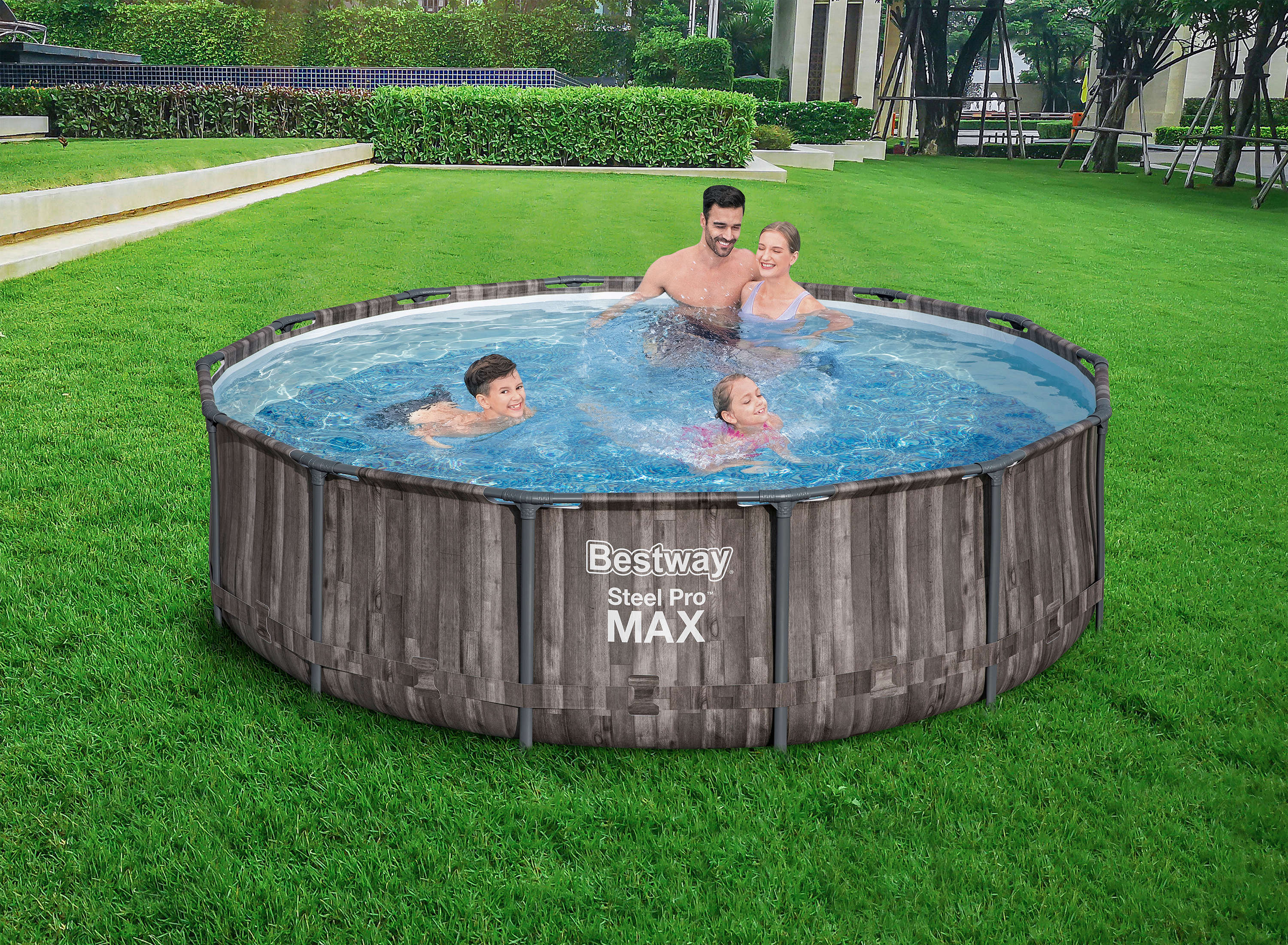 Bestway Steel Pro MAX™ Frame Pool-Set mit Filterpumpe Holz-Optik rund 366 x 100 cm