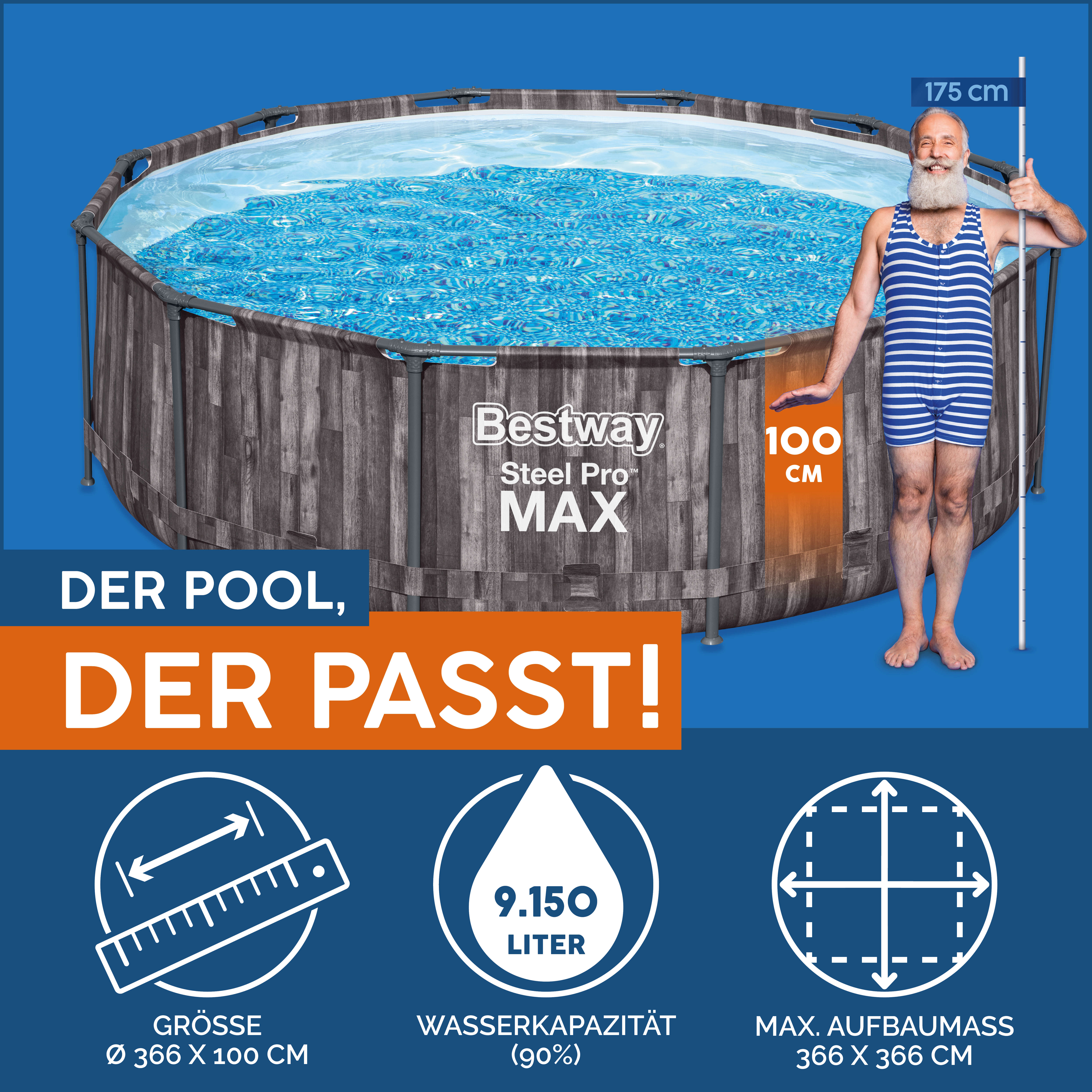 Bestway Steel Pro MAX™ Frame Pool-Set mit Filterpumpe Holz-Optik rund 366 x 100 cm