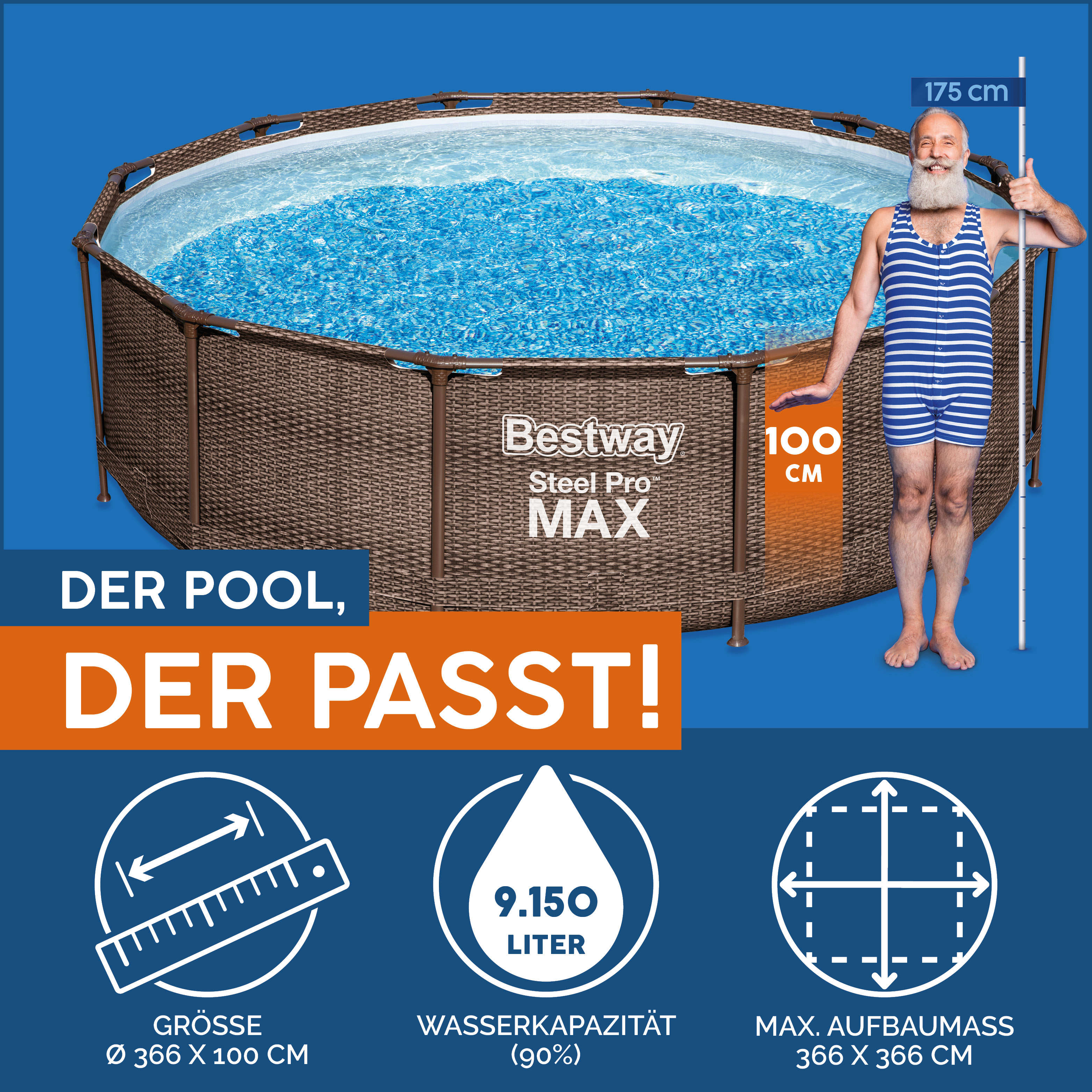 Bestway Steel Pro MAX™ Frame Pool Set mit Filterpumpe rund Rattan-Optik 366 x 100 cm