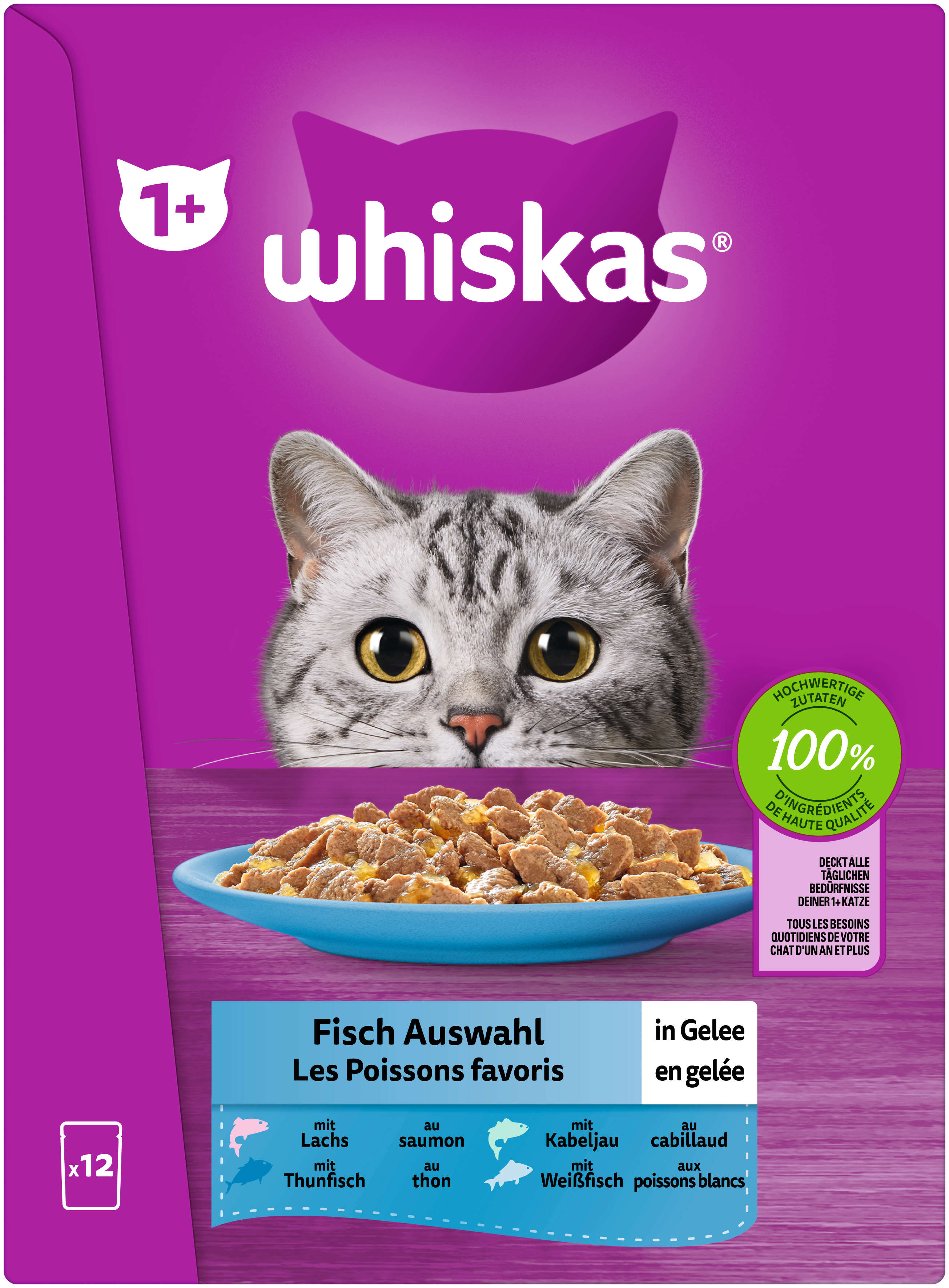 whiskas Katzen-Nassfutter Multipack 1+ Fisch Auswahl in Gelee 12x85g