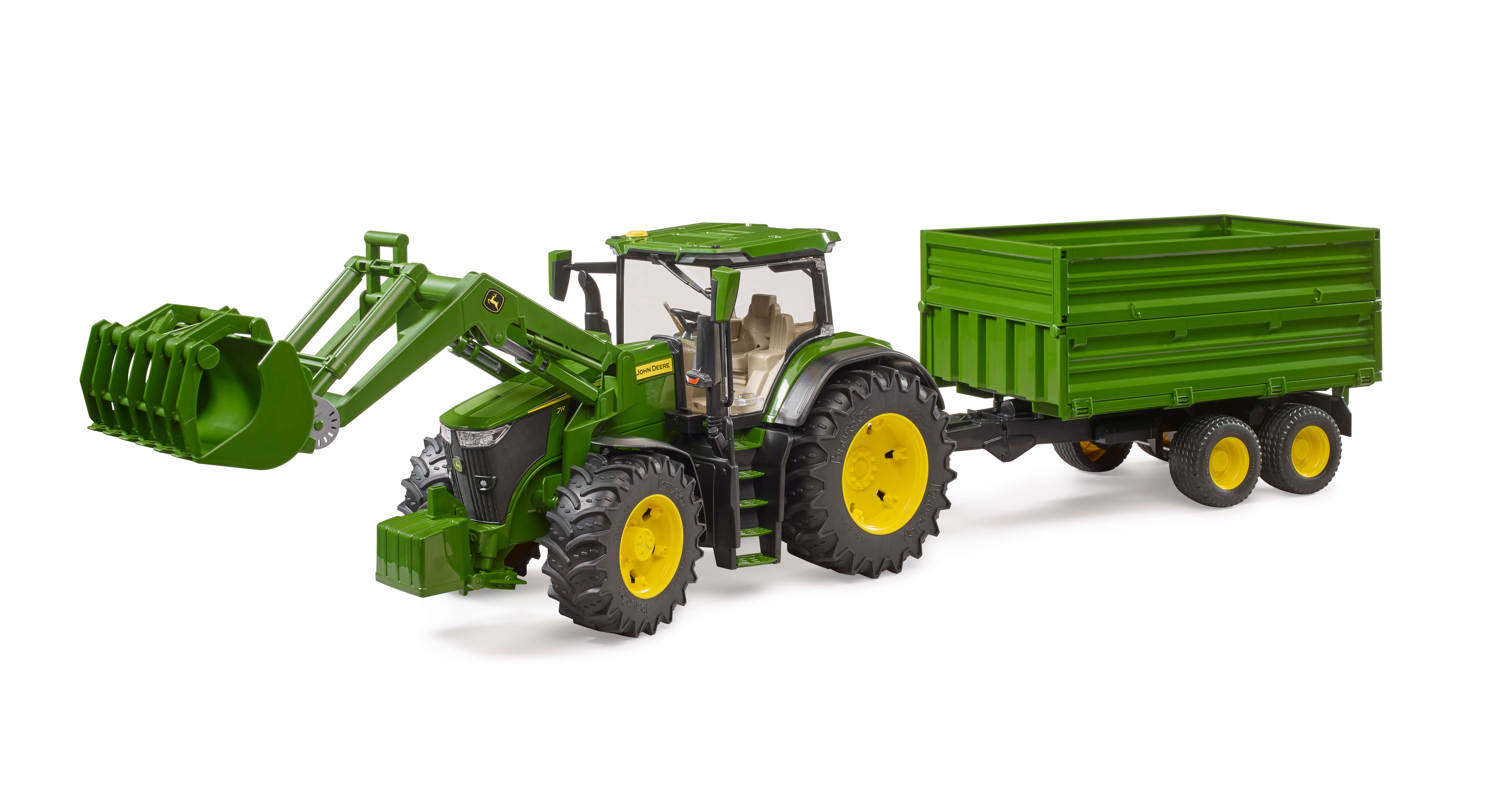 bruder John Deere 7R 350 mit Frontlader und Tandemachstransportanhänger