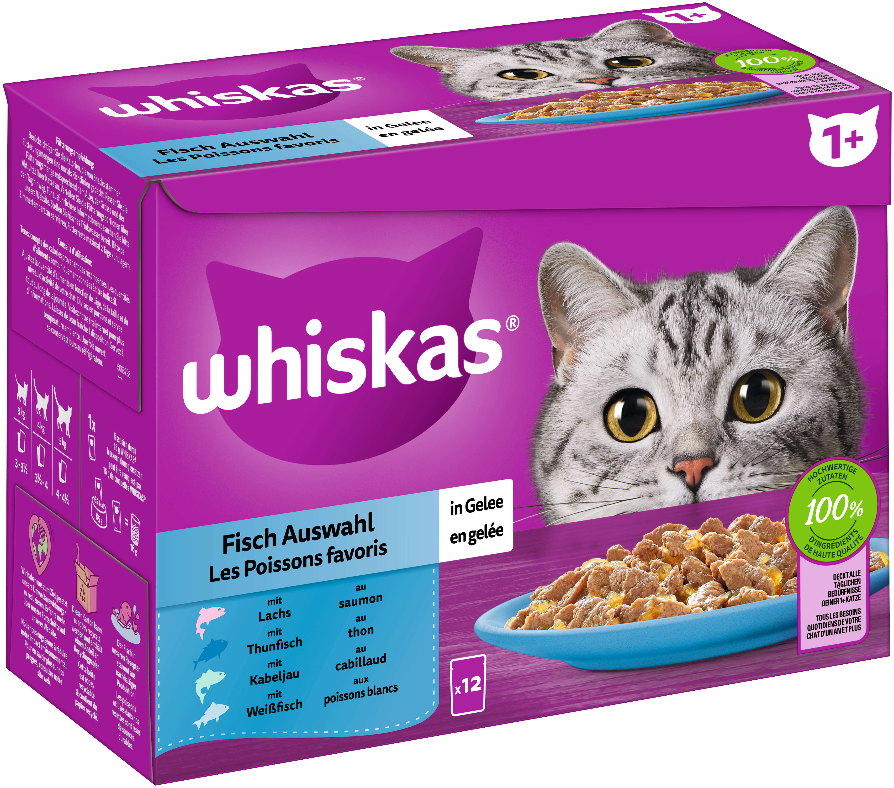 whiskas Katzen-Nassfutter Multipack 1+ Fisch Auswahl in Gelee 12x85g