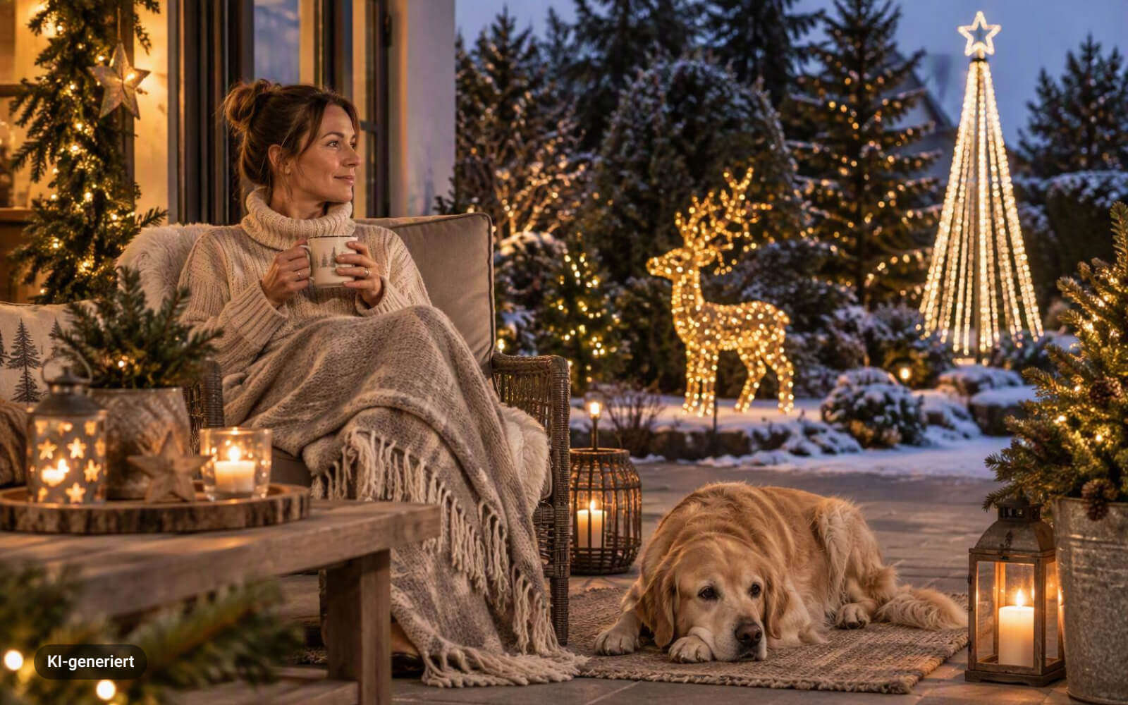frau mit hund auf terrasse weihnachtliche deko 800x500