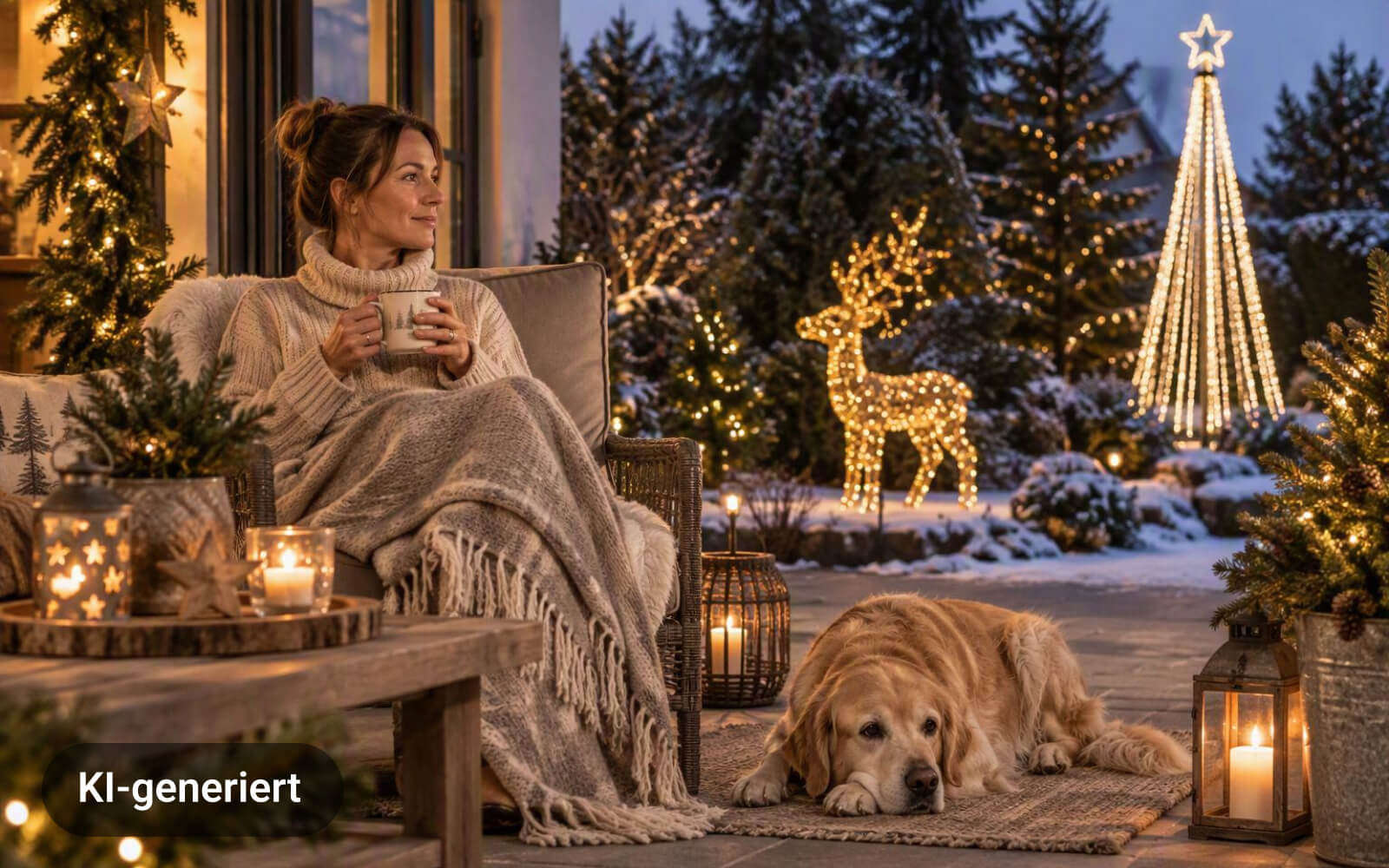 frau sitzt draußen winter weihnachtsbeleuchtung beliebte Kat